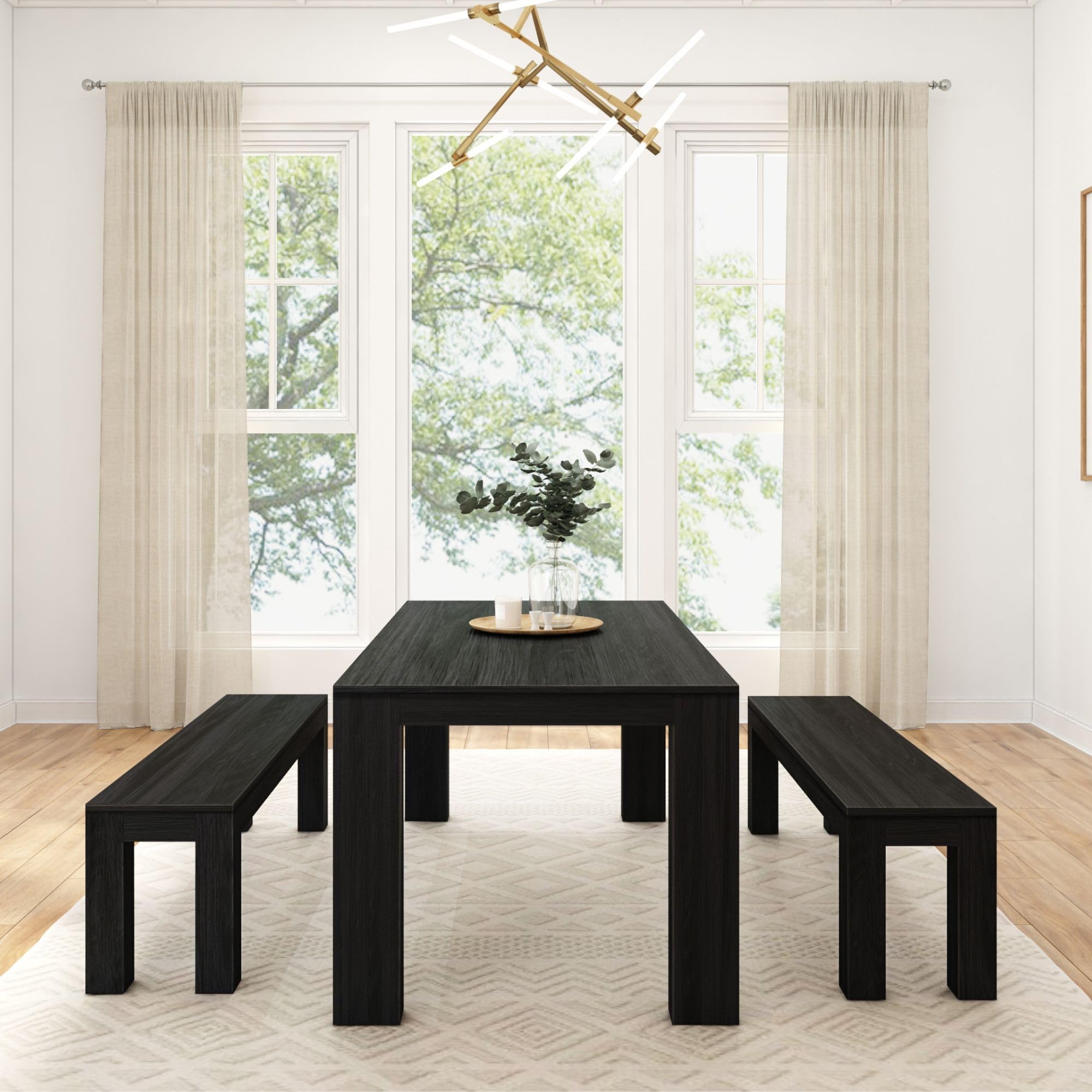 Plank+Beam Modern Dining Table Set with 2 Benches, Black Wirebrush