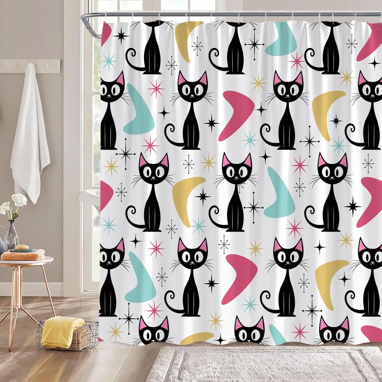 Mid Century Cat Shower Curtain Pink Yellow Teal Modern Geometric Atomic Black Cat Vintage 50S 60S Retro Fabric Bathroom Decor Curtain with Hooks,70X96(WXH) Inches