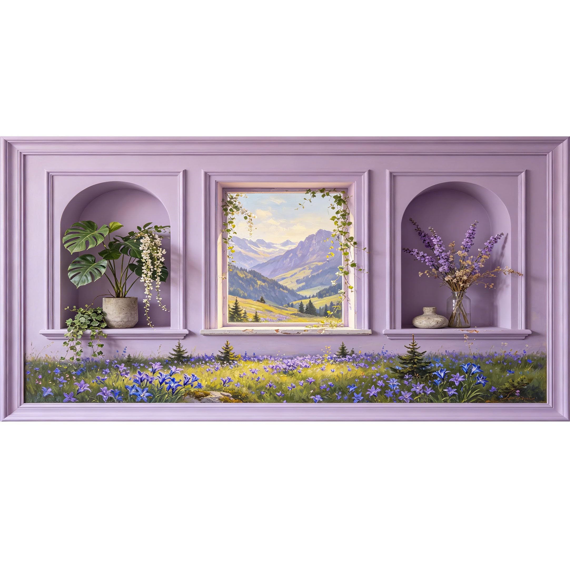 Agglomerix 3D Framed Wall Art Mountain Valley Landscape Botanical Flowers Window View Oil Painting Large Size Self-Adhesive Removable Wall Decor Prints Artwork for Living Room Bedroom Office