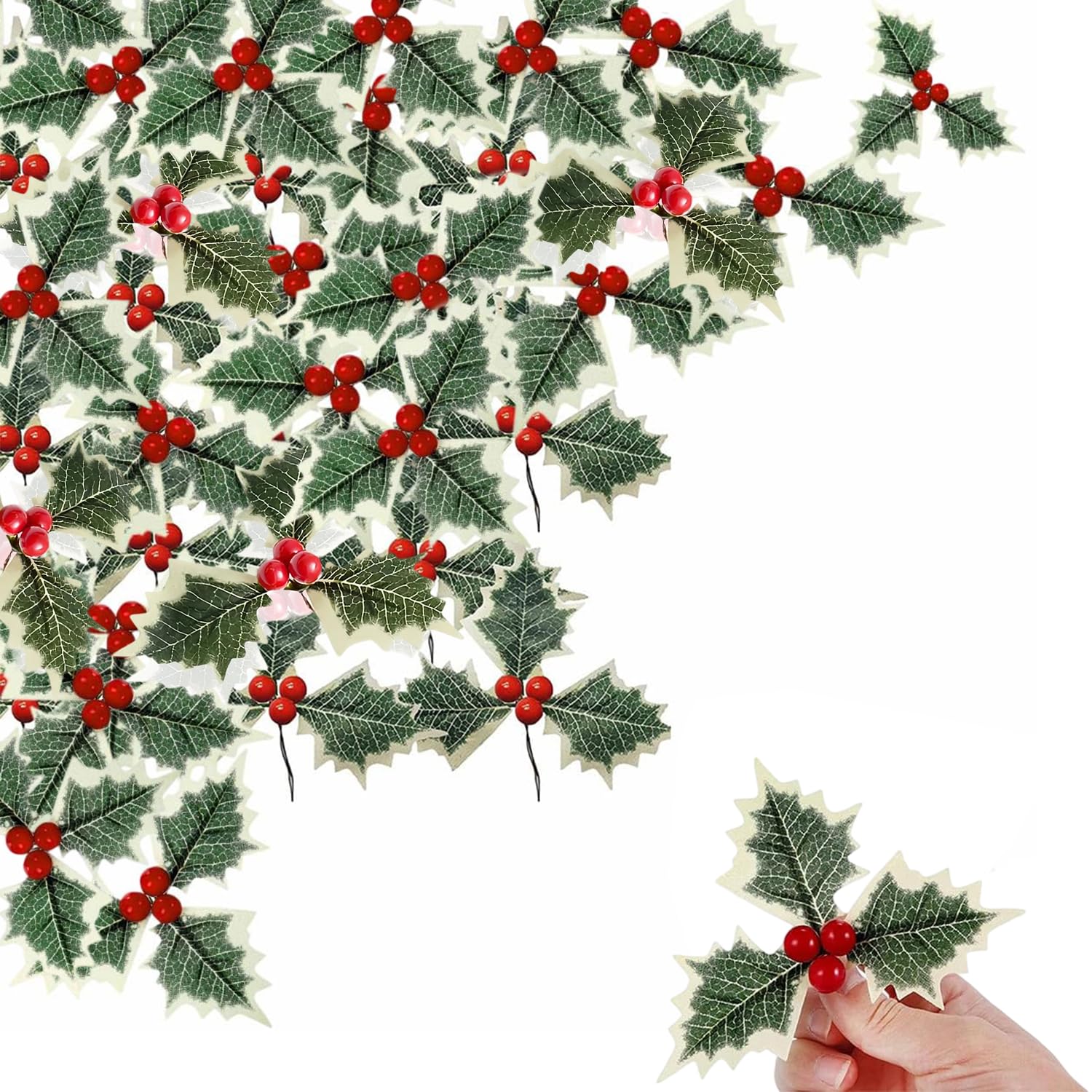 30Pcs Christmas Holly Berries with Green Leaves, Artificial Holly Leaves