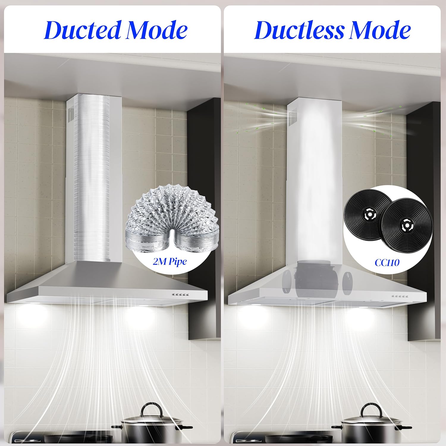 FIREGAS Range Hood 30 inch, Wall Mount Range Hood with LED Lights, 3-Speed Exhaust Fan, Ducted/Ductless Convertible, Aluminum Mesh Filters, Button Controls, Stainless Steel Kitchen Vent Hood