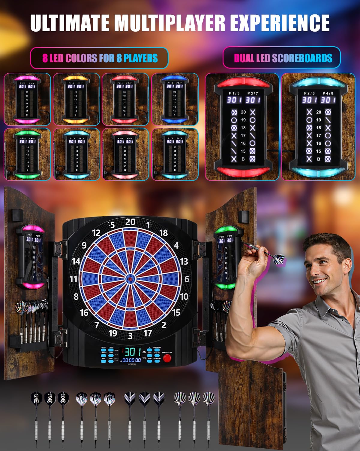 Yirinatek Jeu de Flechette Electronique, [12*Bronze Fléchettes] Cible Flechette Electronique, Armoire à Portes en Bois Rustique, Affichage LED 8 Couleurs, Jeux Flechette pour Maison & Bar - 3