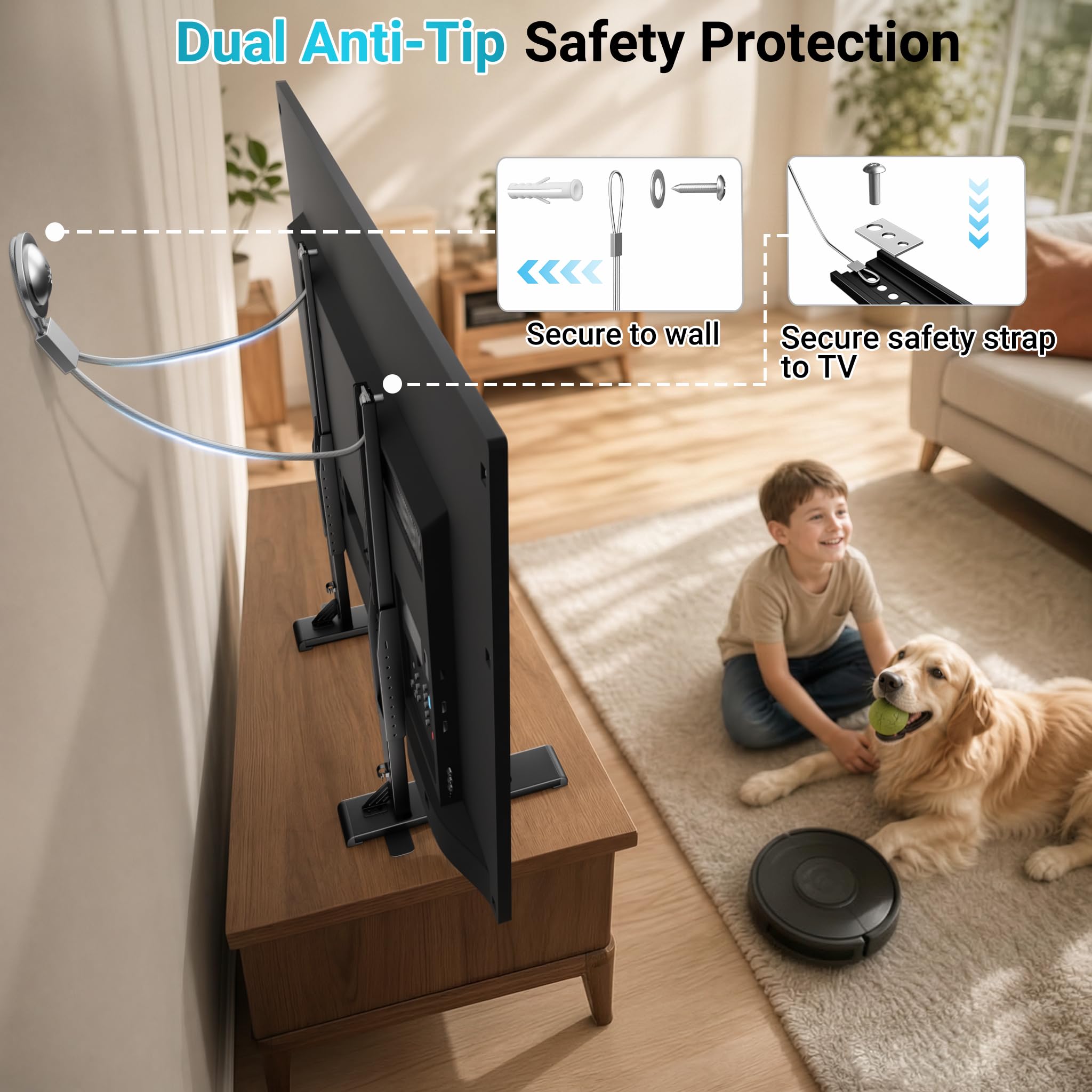 BONTEC Supporto TV Universale da Tavolo e Pavimento 24-86 Pollici | 70 kg, VESA 100x100-800x600 mm, 7 Altezze, Cinghia Antiribaltamento, Piedi Nascosti