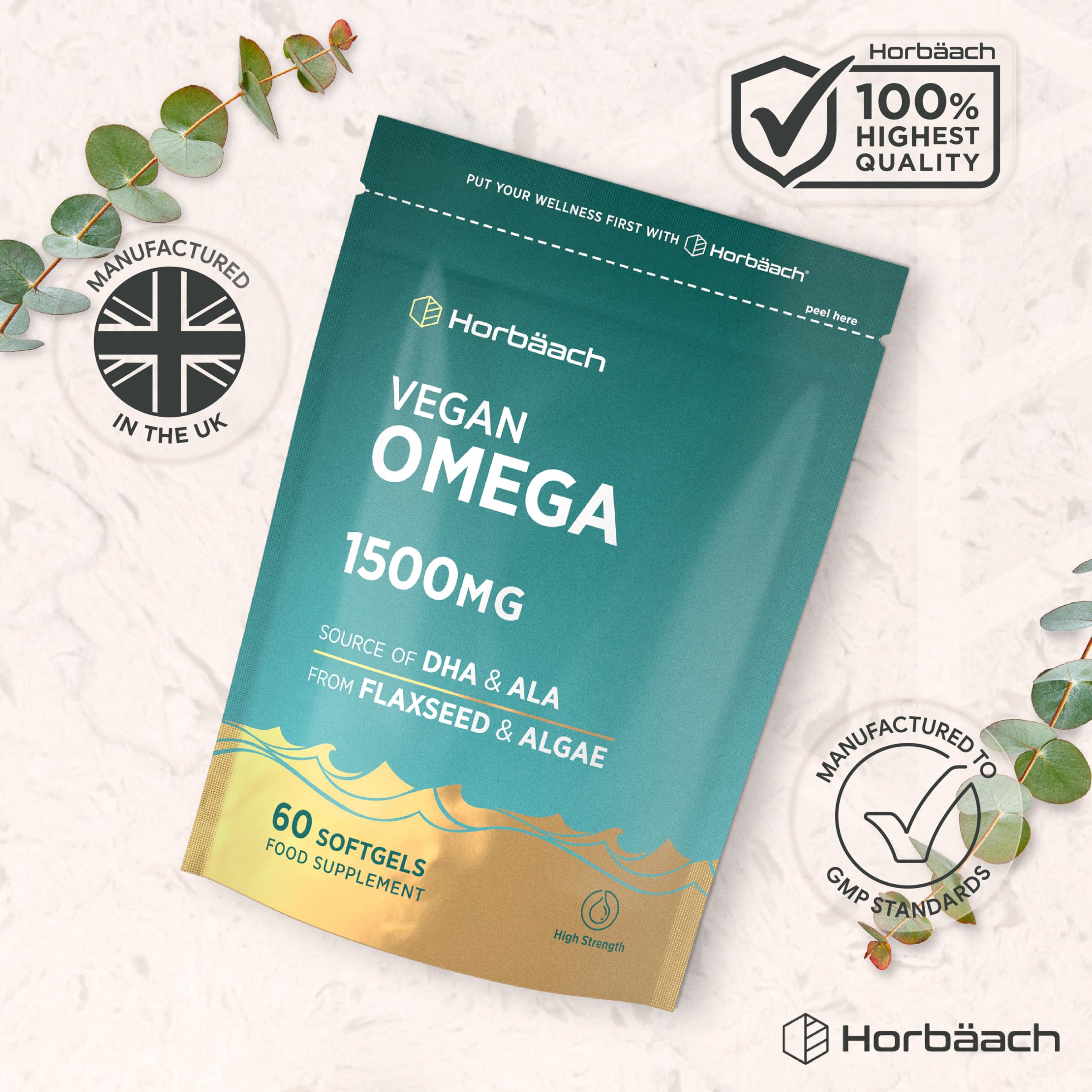 Omega 3 DHA z oleju z Alg 1500mg | Wegańskie | 60 kapsułek miękkich | Wysoka Zawartość: 450mg ALA i 240mg DHA | marki Horbaach
