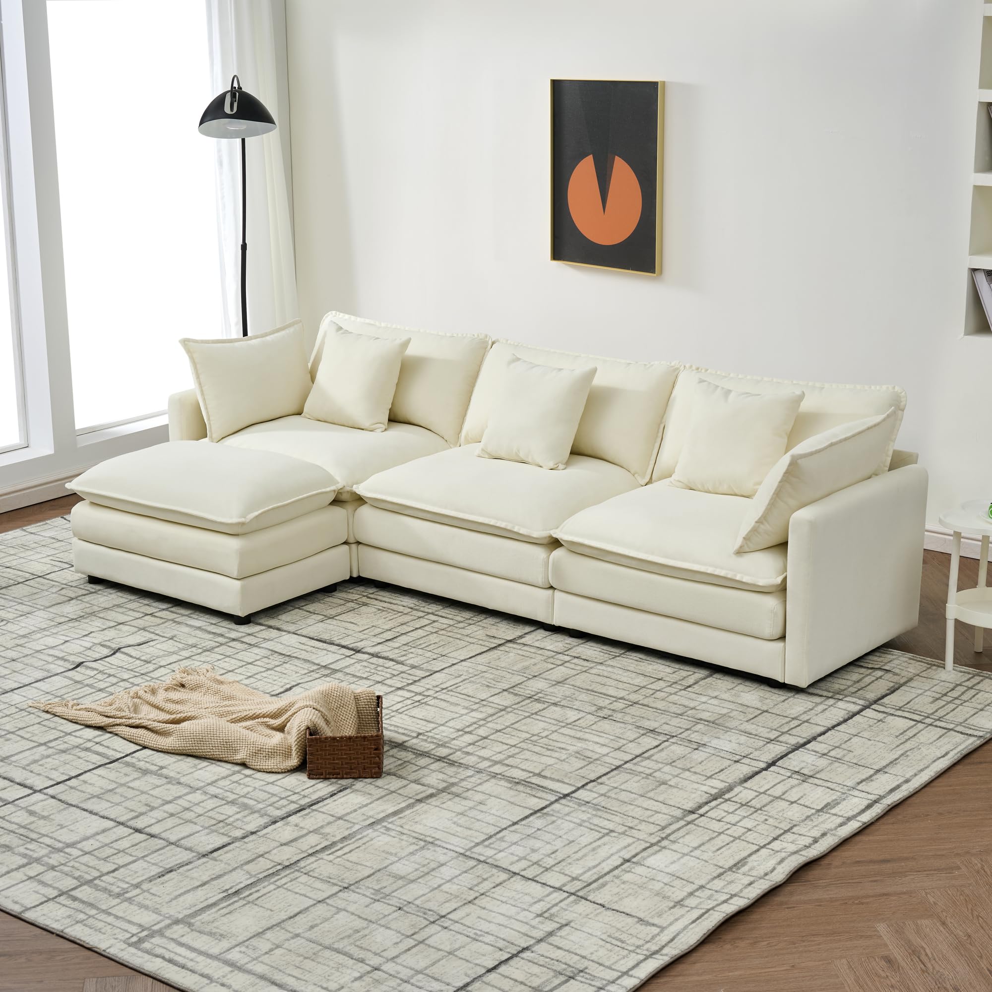 Modular Convertible Sectional Couch, 4 Seat L Shaped Sofa Reversible Chaise Sectional Sofa Deep Seat Cloud Couch Chenille for Home, Apartment, Dorm (Cream White, L Shaped)