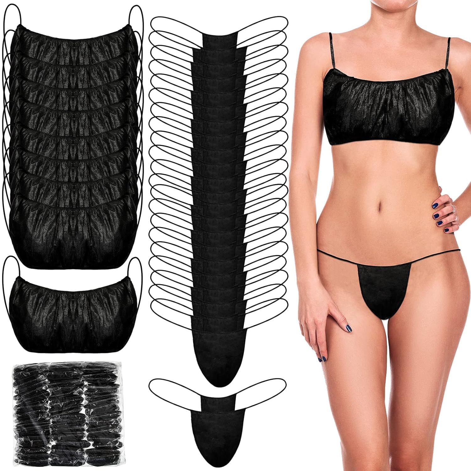MAKINGTEC100 Pieces Disposable Bra and Panty Set, Non-Woven Wrap Underwear Contains 50 Pieces of Bra and 50 Pieces of Panties Suitable for Spa Sauna Beauty Salon Women's Top Thong (black)
