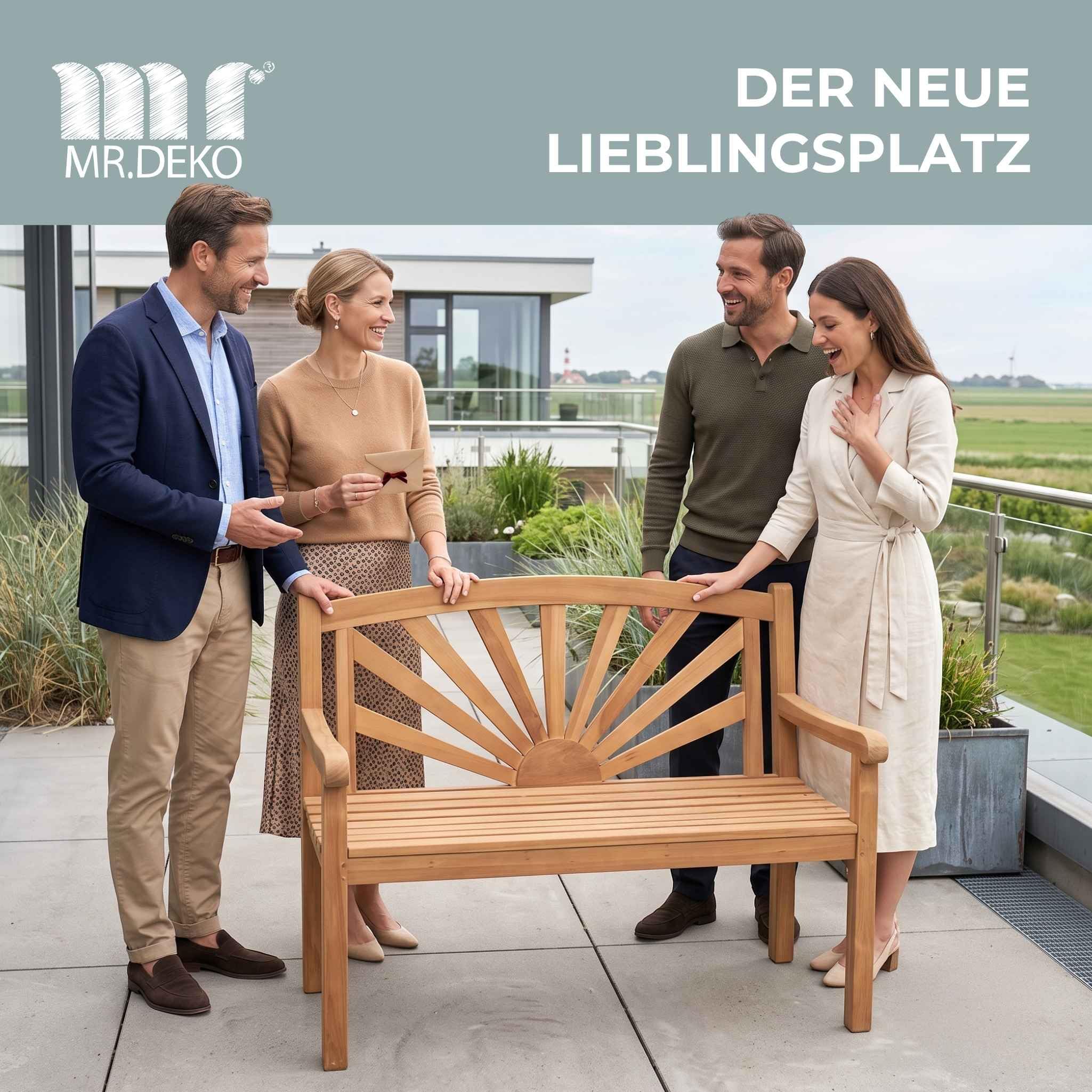 MR. DEKO® Gartenbank Motiv Teakholz | Holzbank mit Lehne | Friesenbank für draußen | 2-Sitzer 120x60x94 cm | Sitzbank Teak massiv & wetterfest Garten Balkon Terrasse | Parkbank zum Relaxen (Sonne)