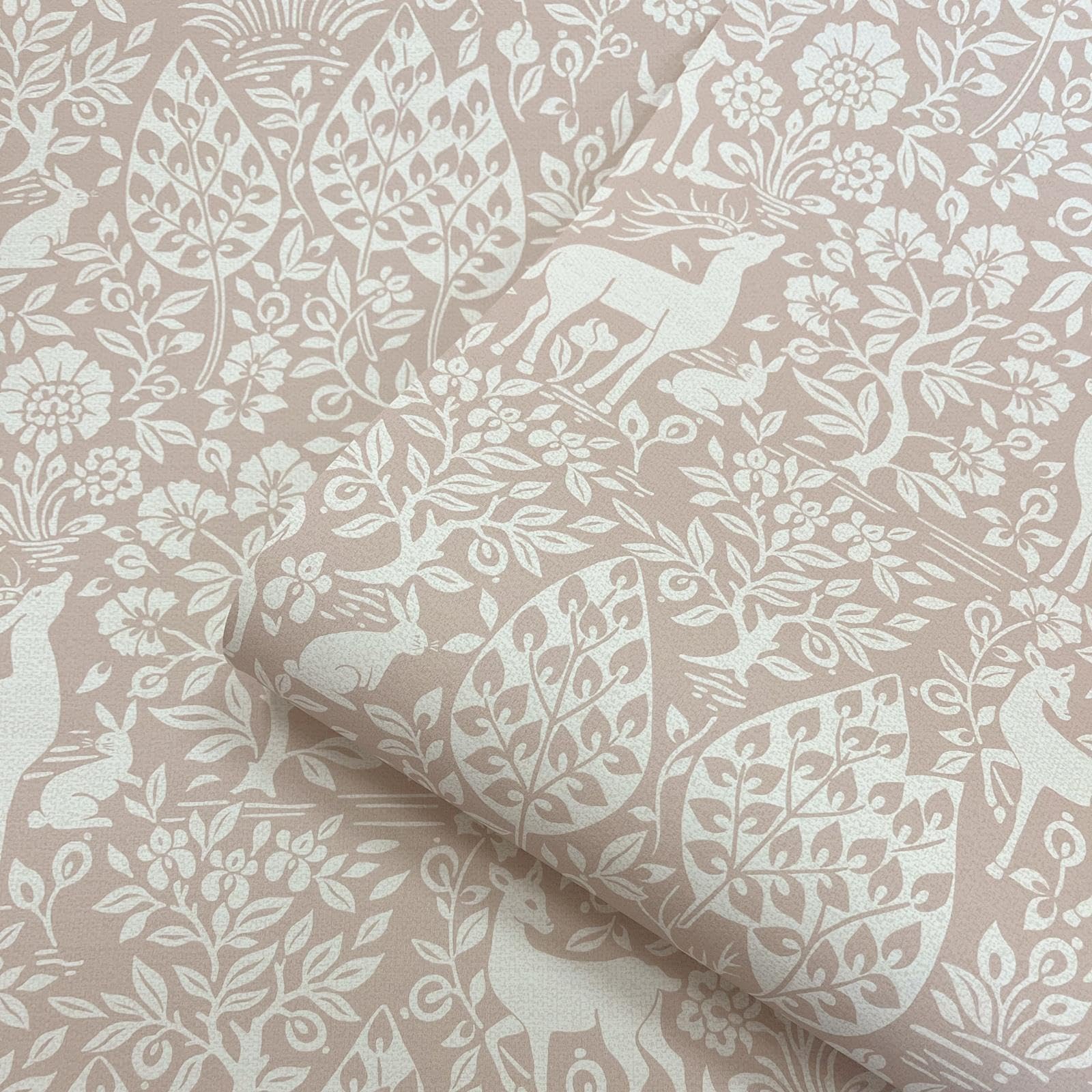 Sophie Laurence Pink Floral Wallpaper Deer Rabbits Leaves Slightly Textured Feature Wall Bedroom