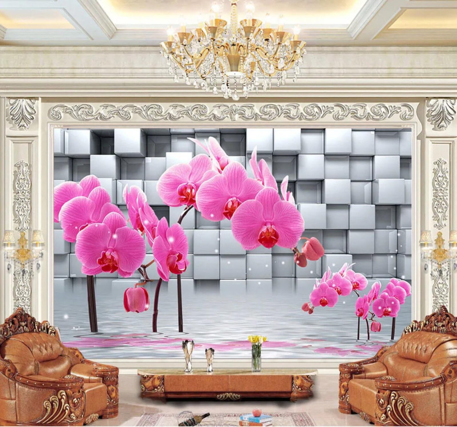 Wallpaper-3D-Xlm 350Cm×256Cm(B×H) Creative Geometric Checkered Beautiful Orchid 3D Wallpaper Easy Install Feature Office Living Room Sofa Bedroom Tv Background Wall Decoration-350Cm×256Cm