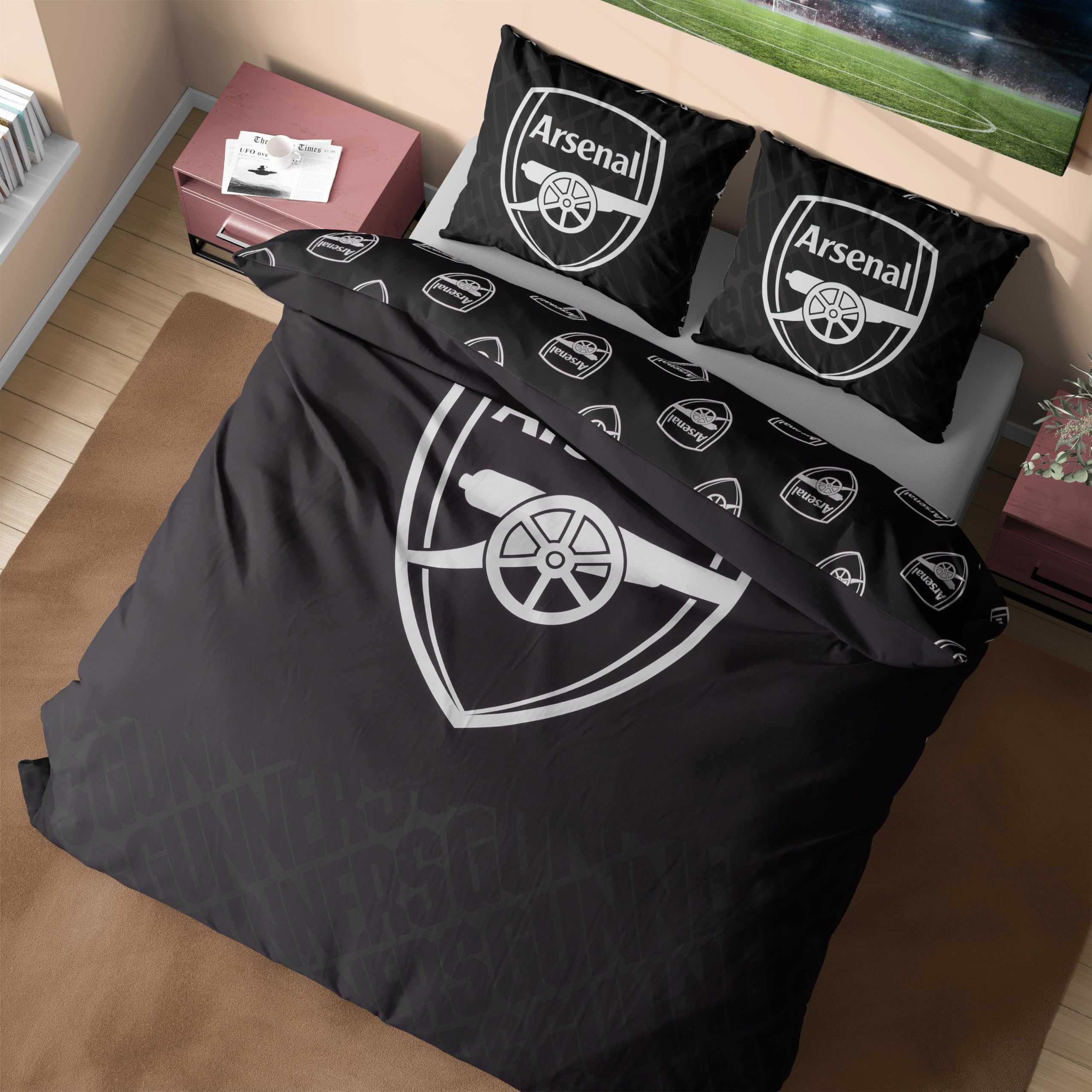 Get Trend Arsenal FC Double Duvet Cover Set, Reversible Football-Themed Bedding Set with 2 Pillowcases, Ultra Soft & Durable Duvet Quilt Bedding Cover (Black Arsenal, Double) โ image 1