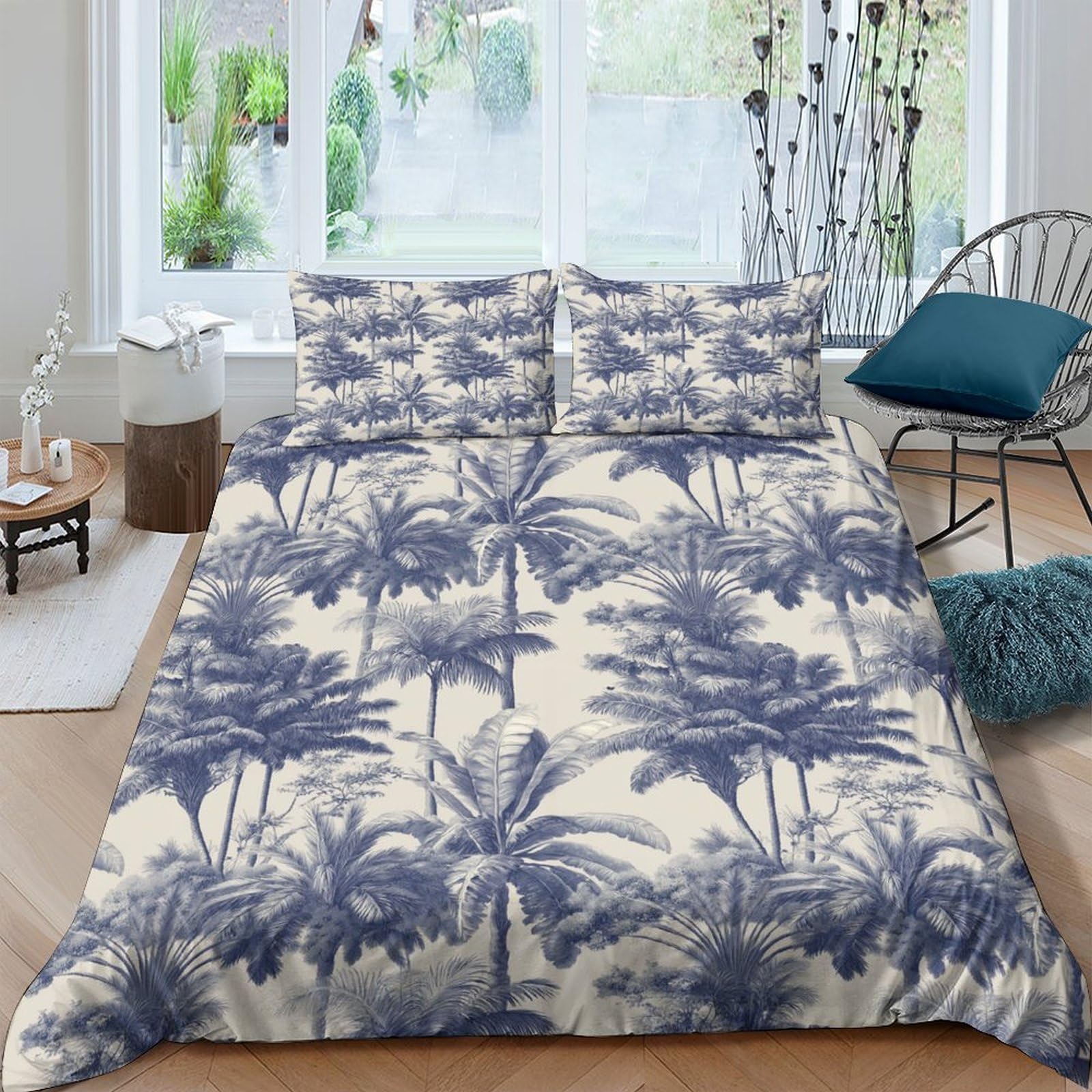 Ctjqhvkz Style-9 3D Printed Blue Palm Jungle Fitted Sheet Microfiber Soft Bed Cover Tropical Leaves Mattress Protector Bedroom Decor Single（135X200cm）