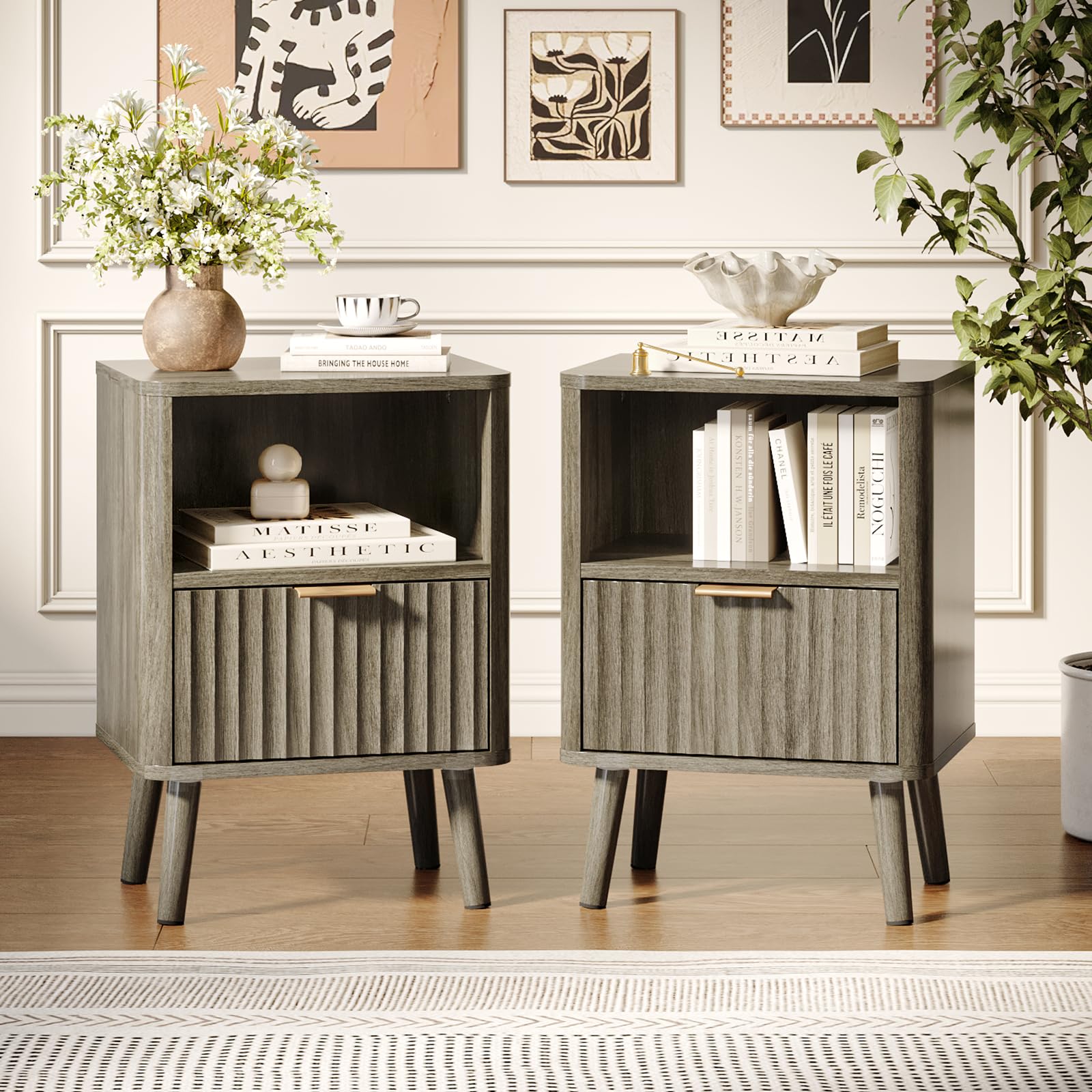 Bonnlo Grey Bedside Table Set of 2,Grille-Style Nightstand Solid Wood Legs Sofa End Table with 1 Drawer and 1 Shelf, Modern Bedside Storage Drawers for Bedroom, Living Room,40 * 30 * 56cm
