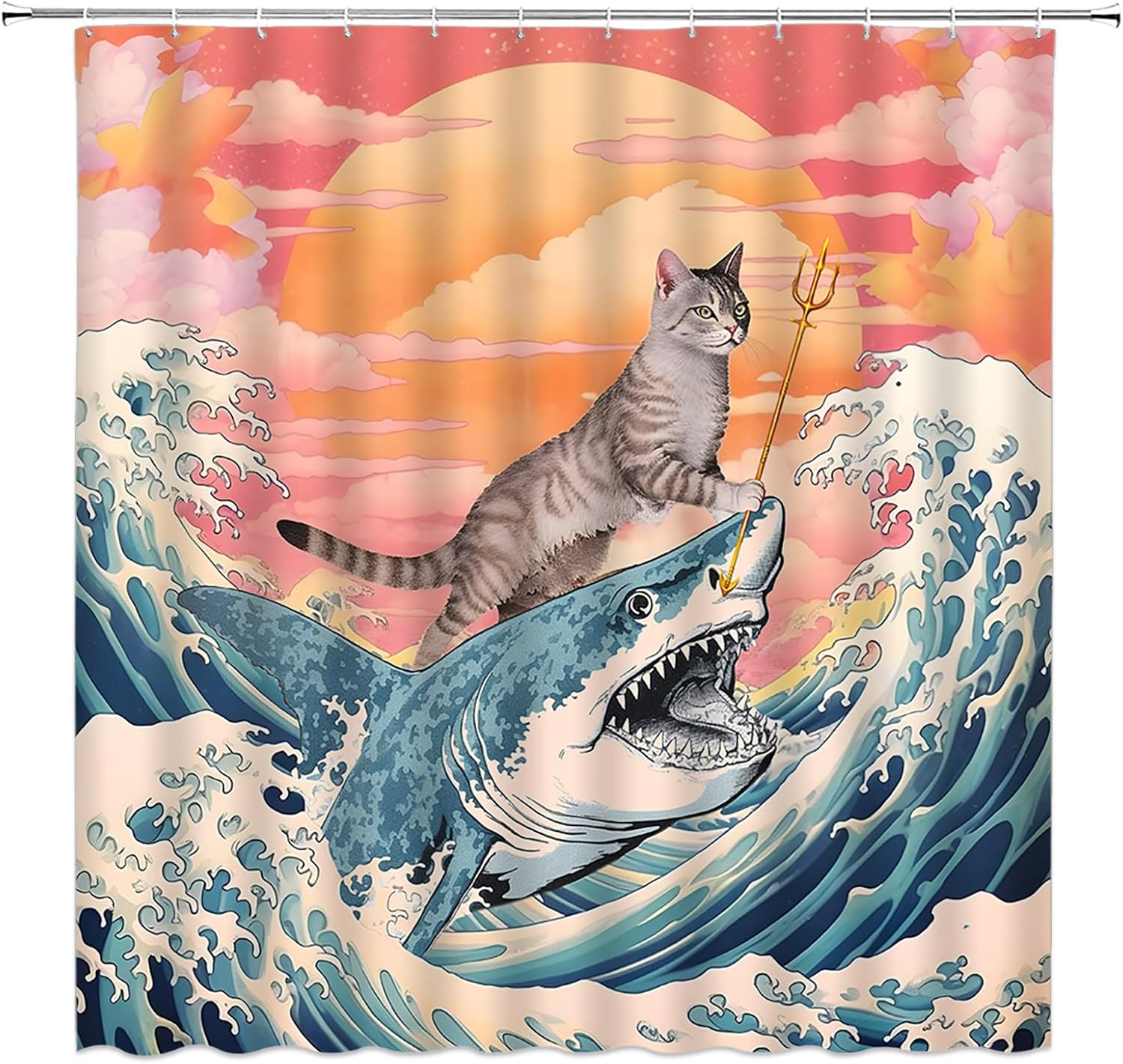 4pcs Black Cat Shower Curtain Set with Rug Moon Night Animal Kitty Staring at The Moon Abstract Watercolor Art Oil Painting Bathroom Set with Hooks(Bath Mat,U Shape and Toilet Lid Cover Mat)