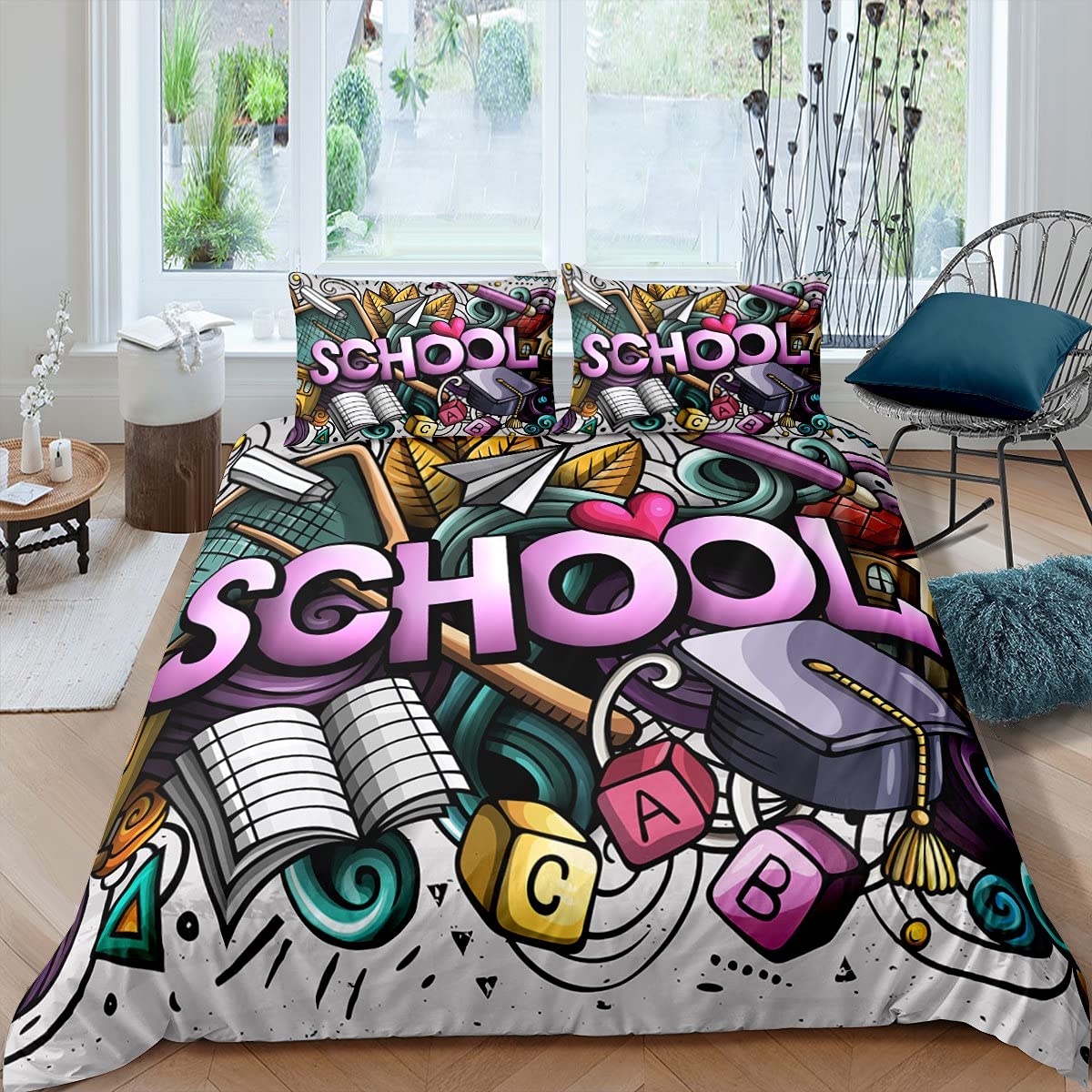 Housse de couette graffiti enfant 2 pièces parure de lit simple colorée dessin animé