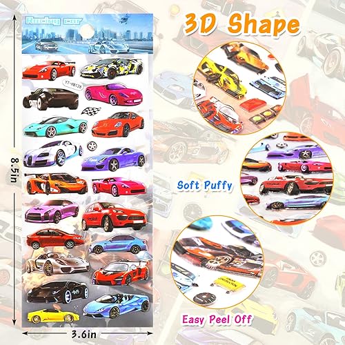 Miniatura 2 de Calcomanías de auto de carreras para niños y niños, calcomanías 3D para niños pequeños, calcomanías de carreras de burbujas infladas, calcomanías