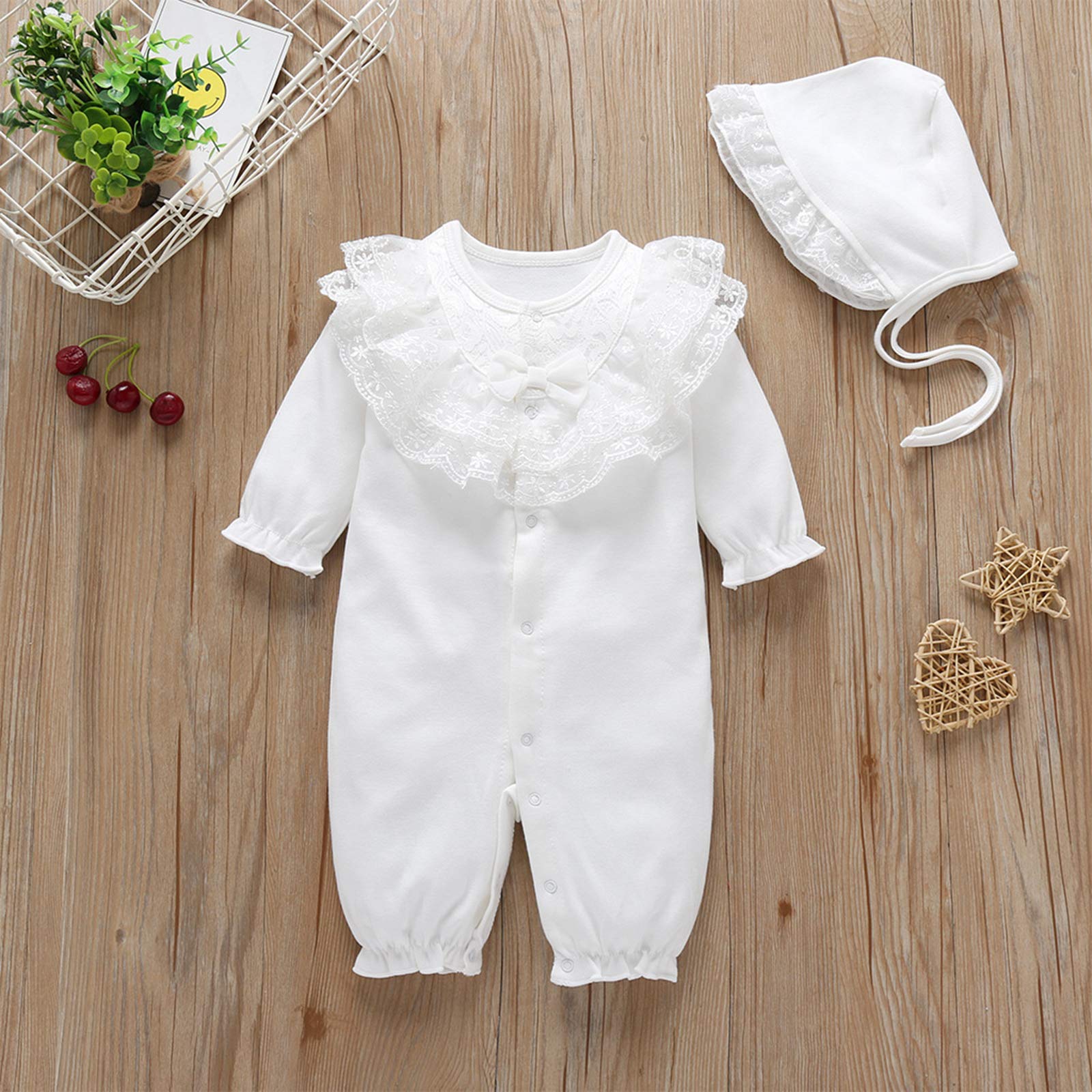 amropi Bambina Ragazze Cotone Pagliaccetto Manica Lunga Tutine Merletto Collare Jumpsuit + Ccappello 0-12 Mesi