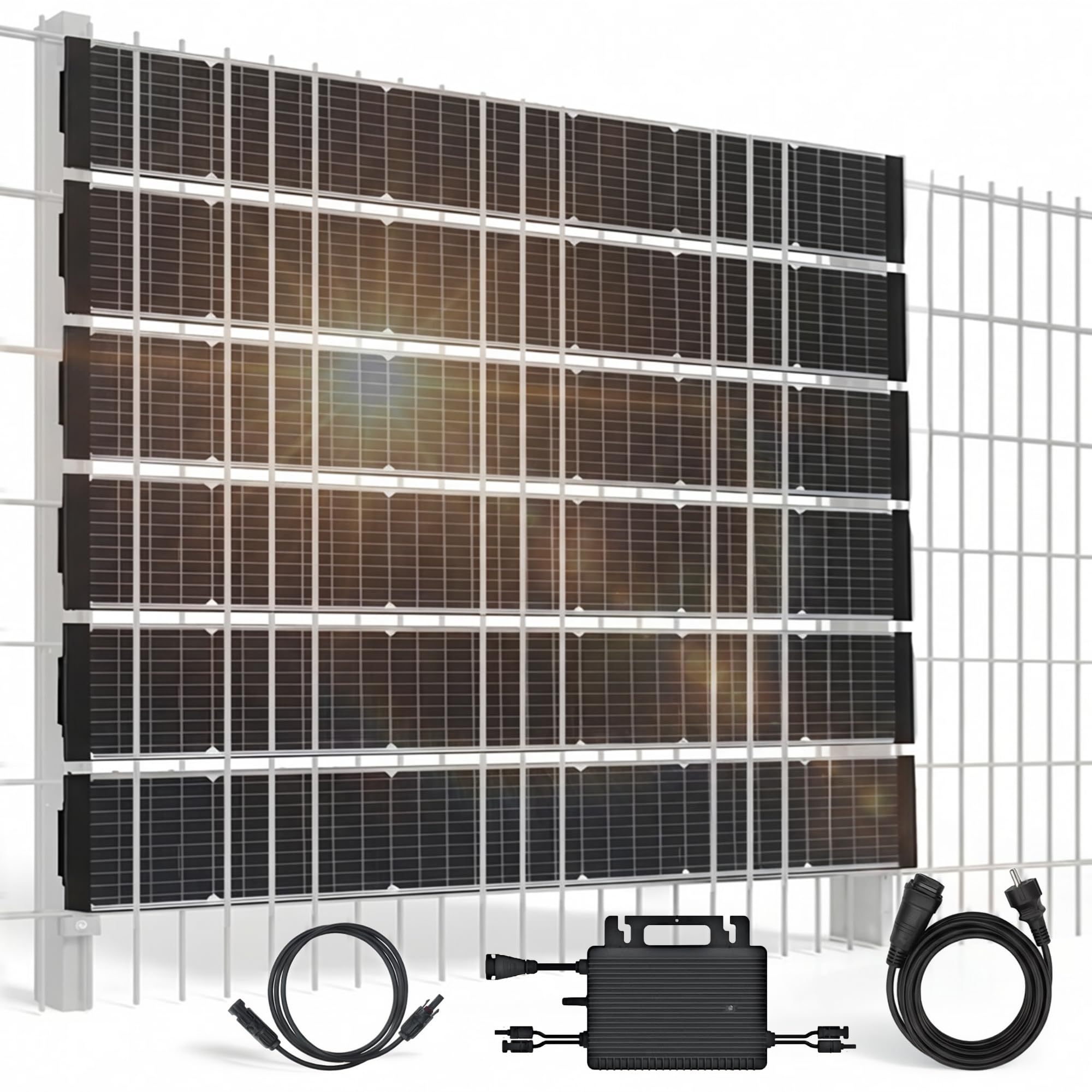 Technaxx TX-356 Valla solar bifacial 480W – Kit completo con 6x 80W paneles solares PERC monocristalinos, inversor 800W & cable Schuko – Privacidad & energía solar – Eficiencia 17,5%