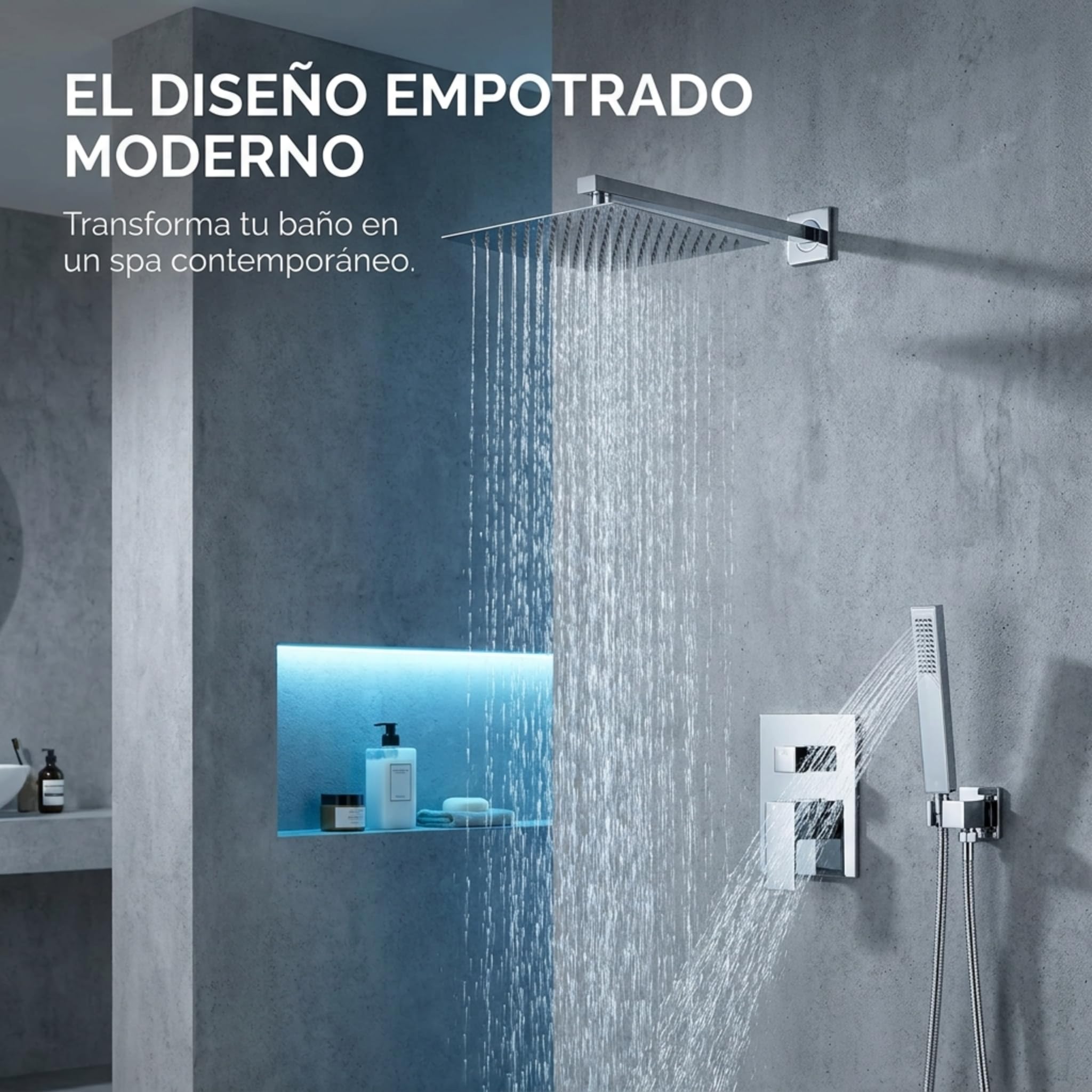VALAZ Ducha Empotrada Cromada a Pared | Ducha Monomando 2 Vías, Rociador Efecto Lluvia | Instalación en Pared Fácil y Rápida | Acero Aleado, Inoxidable, Rociador 25 cm Serie Tajo