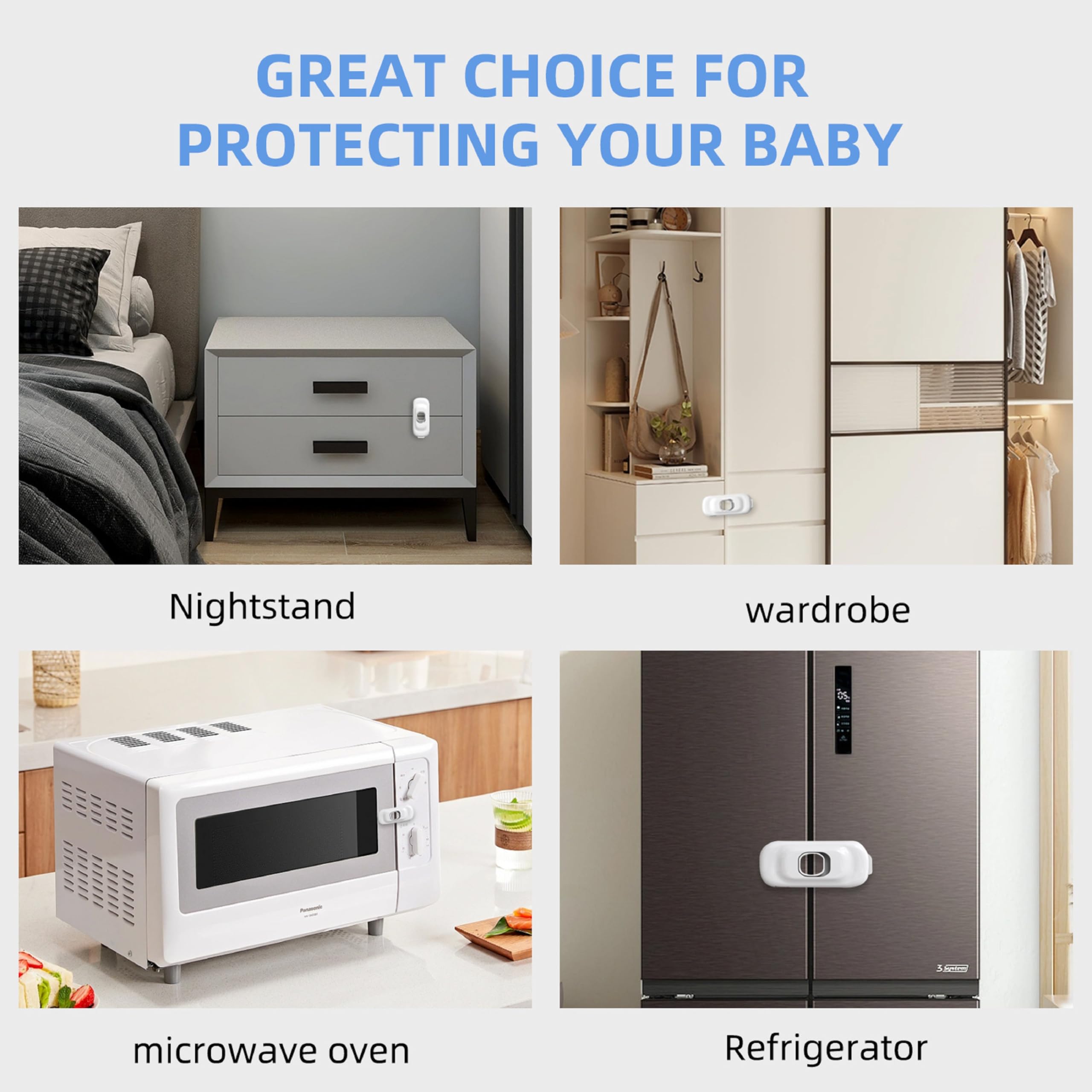 Paquete de 2 cerraduras de seguridad para refrigerador a prueba de niños, con cierres autoadhesivos protectores para nevera, cajones, lavavajillas, horno, armario, no necesita herramientas (blanco)
