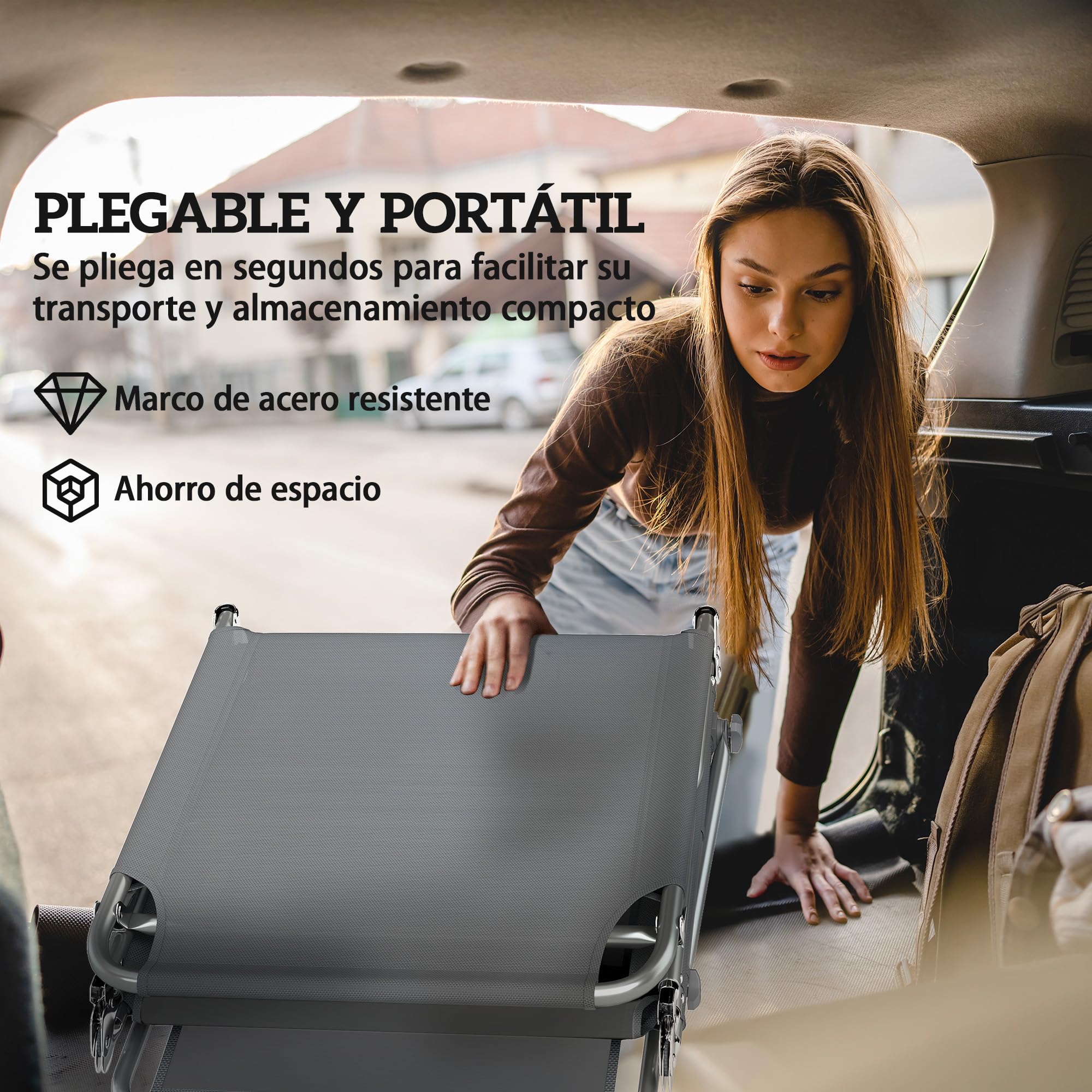 Outsunny Set de 2 Tumbonas Jardín Exterior, Tumbonas Plegables con Reposacabezas, Dosel 360°, Orificio Facial, Bolsillo Lateral, Respaldo Reclinable 5 Posiciones y Textilene 550 g/m² para Playa, Gris — view 9