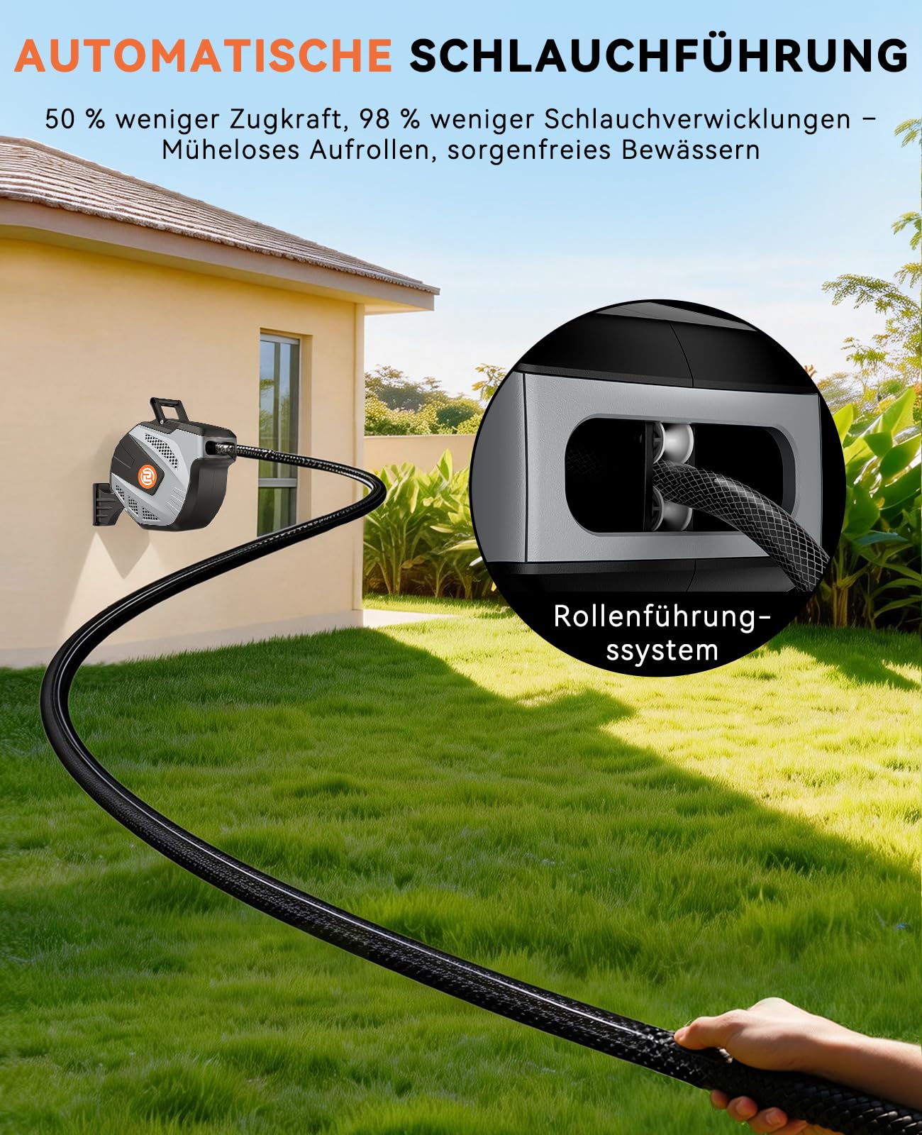 SUNPOW Wand Schlauchbox RollUp 35 M - Schlauchtrommel Wandmontage Mit 10 Funktion Sprayer Düse - Jede Länge Schloss & Auto Rewind System, 180° Schwenkbar - Grau