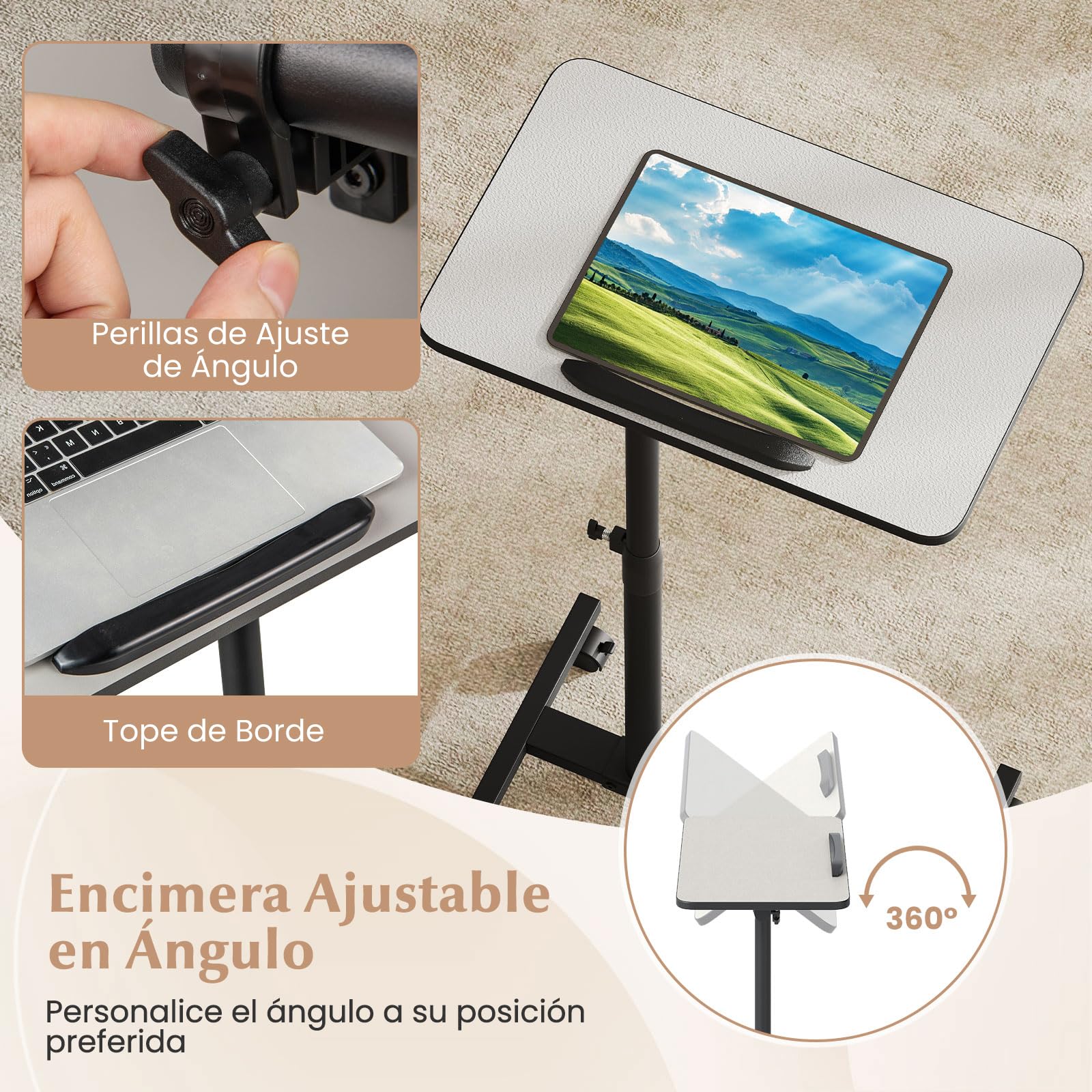 GYMAX Mesa Auxiliar en Forma de C, Mesa Lateral con Ruedas Bloqueables, Altura Ajustable, Encimera Inclinable y Giratoria de 360°, para Cama o Sofá, Sala de Estar, Dormitorio (Gris + Negro)