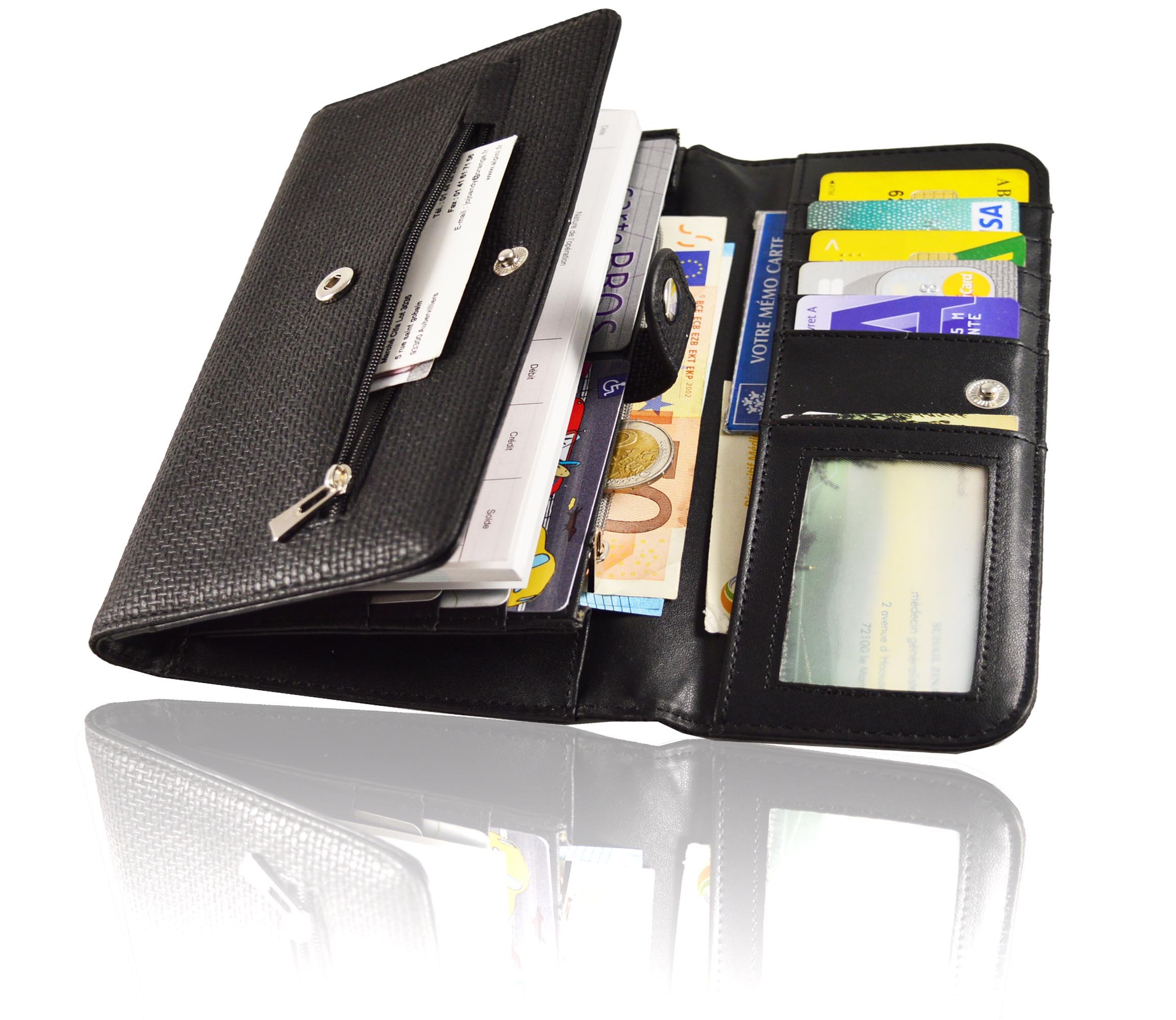 flora & co - Portefeuille Femme Tout-en-Un Rabat - Porte-chéquier Porte-Cartes et Monnaie 3 en 1 - Compagnon 3 Volets Grande Capacité Fourre-Tout - Classique Chic Tendance - Similicuir Souple - Noir