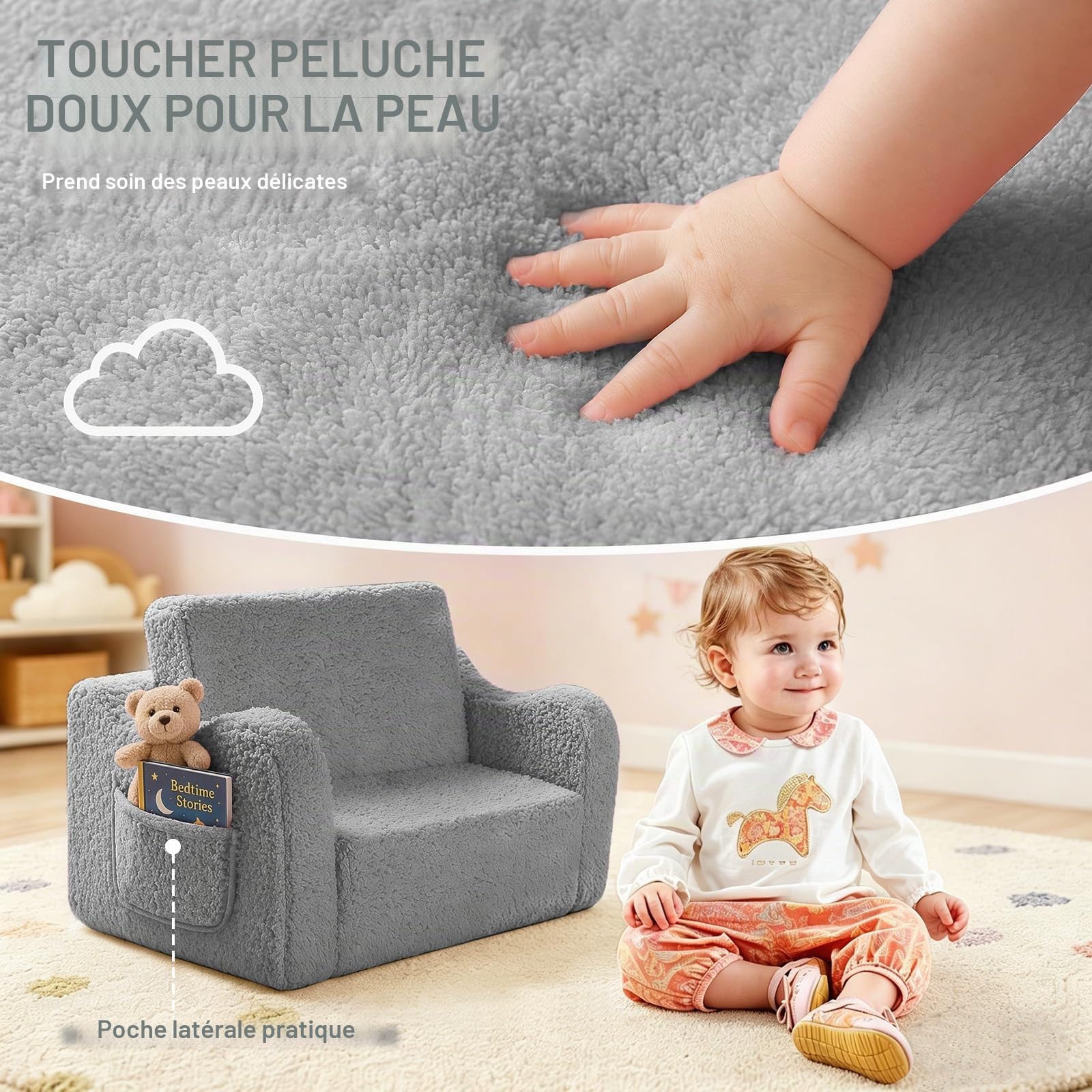 3-en-1 Fauteuil Enfant Canapé-lit, Chauffeuse et Lit Pliable pour Enfant et Bébés, Mini Sofa Chaise pour Chambre Fille ou garçon, Gris