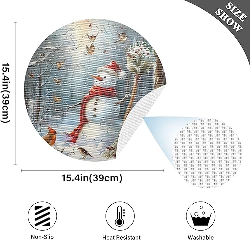 Miniatura 4 de Juego de 4 manteles individuales redondos con diseño de muñeco de nieve de Navidad, árbol de Navidad, Año Nuevo, nieve, manteles individuales de 15