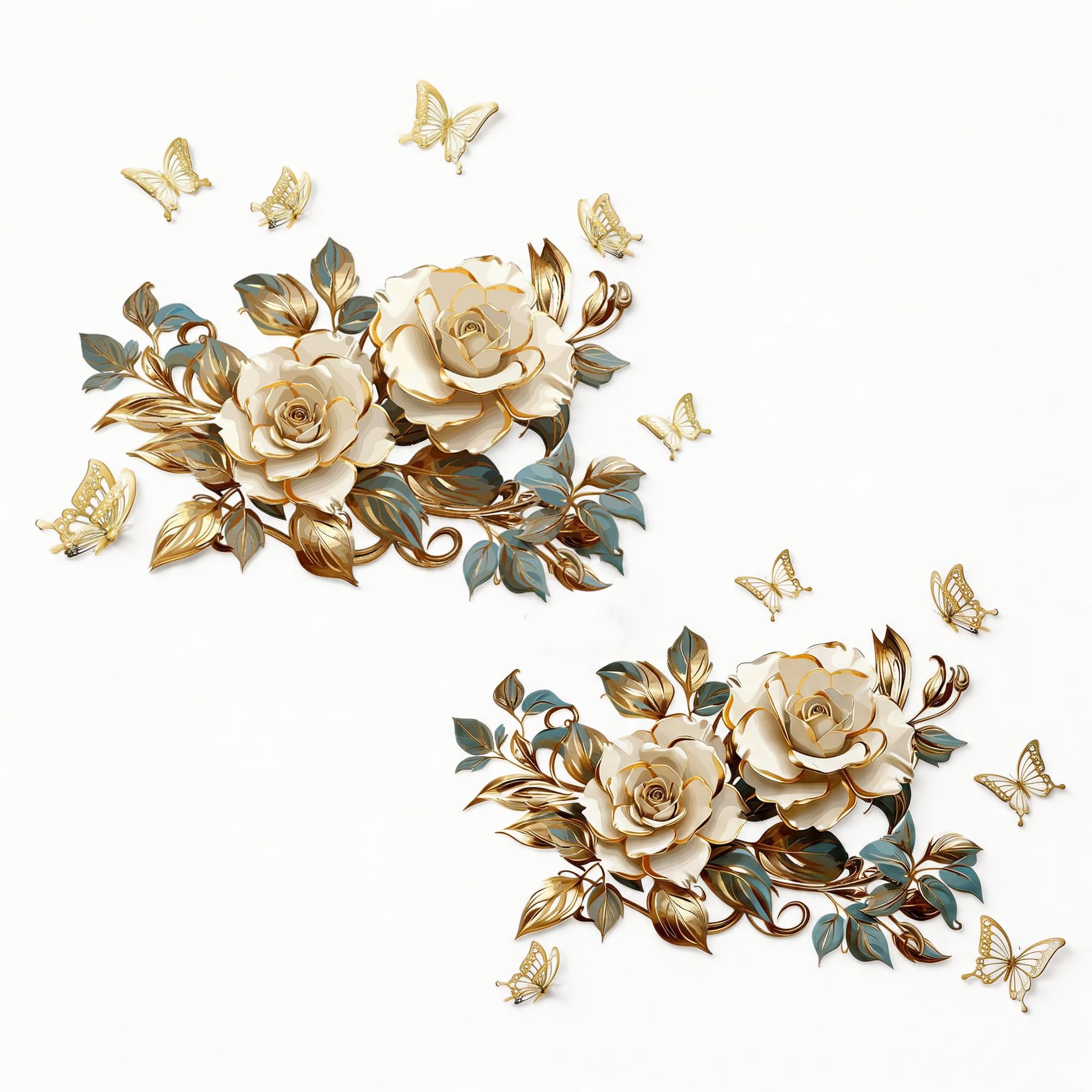 Blue Gold Floral Wall Stickers - Elegant Butterfly Removable Decals for Home Decor, Self-Adhesive Peel and Stick Wall Art for Living Room, Bedroom, Bathroom (30x90cm)