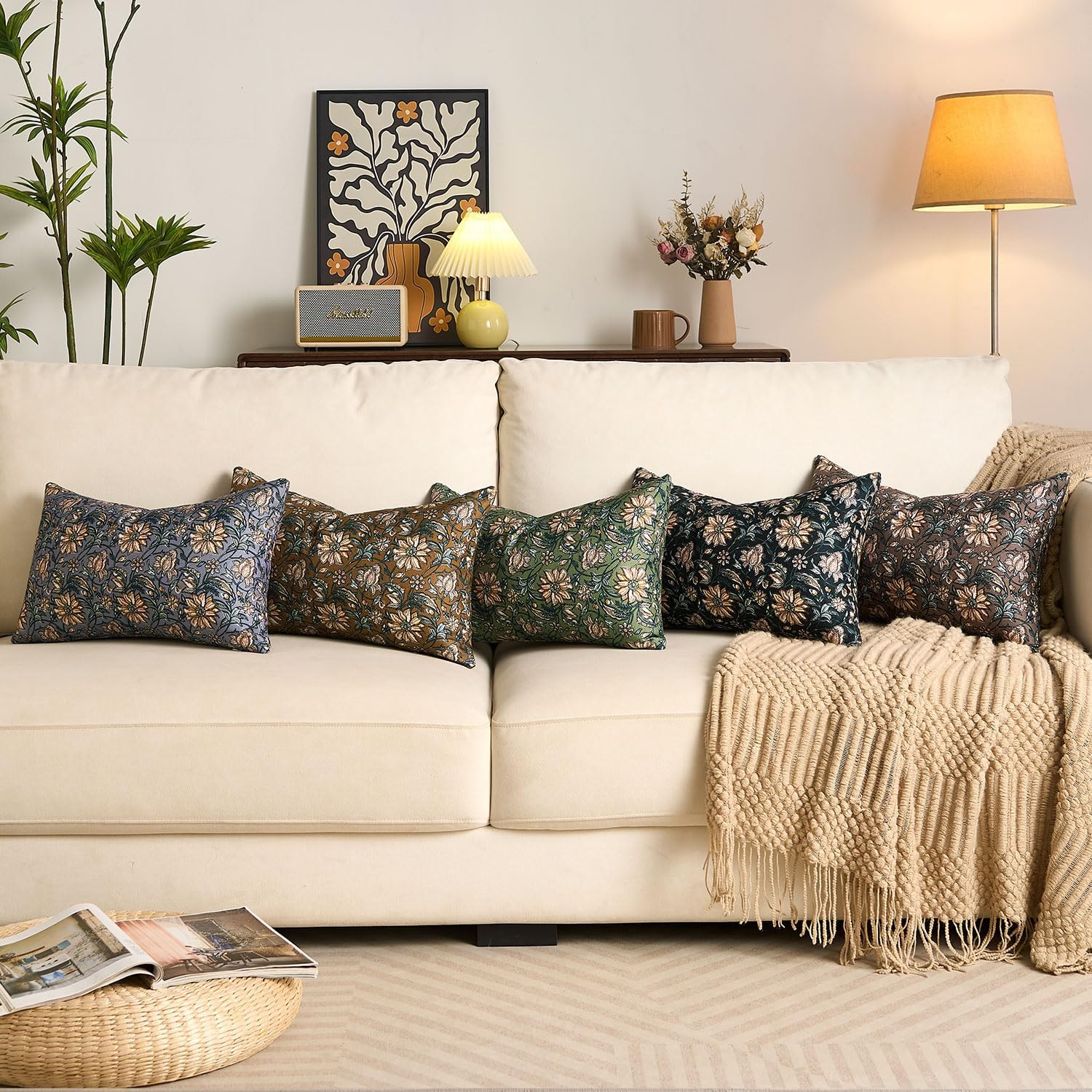 Floral Lumbar Pillow Covers 12x20 Decorative Flower Throw Pillow Covers Accent Long Cushion Covers Vintage Pillowcase for Couch Sofa Bedroom Living Room Home Decor Outdoor Pillow Case Set of 2,Brown - Image 5