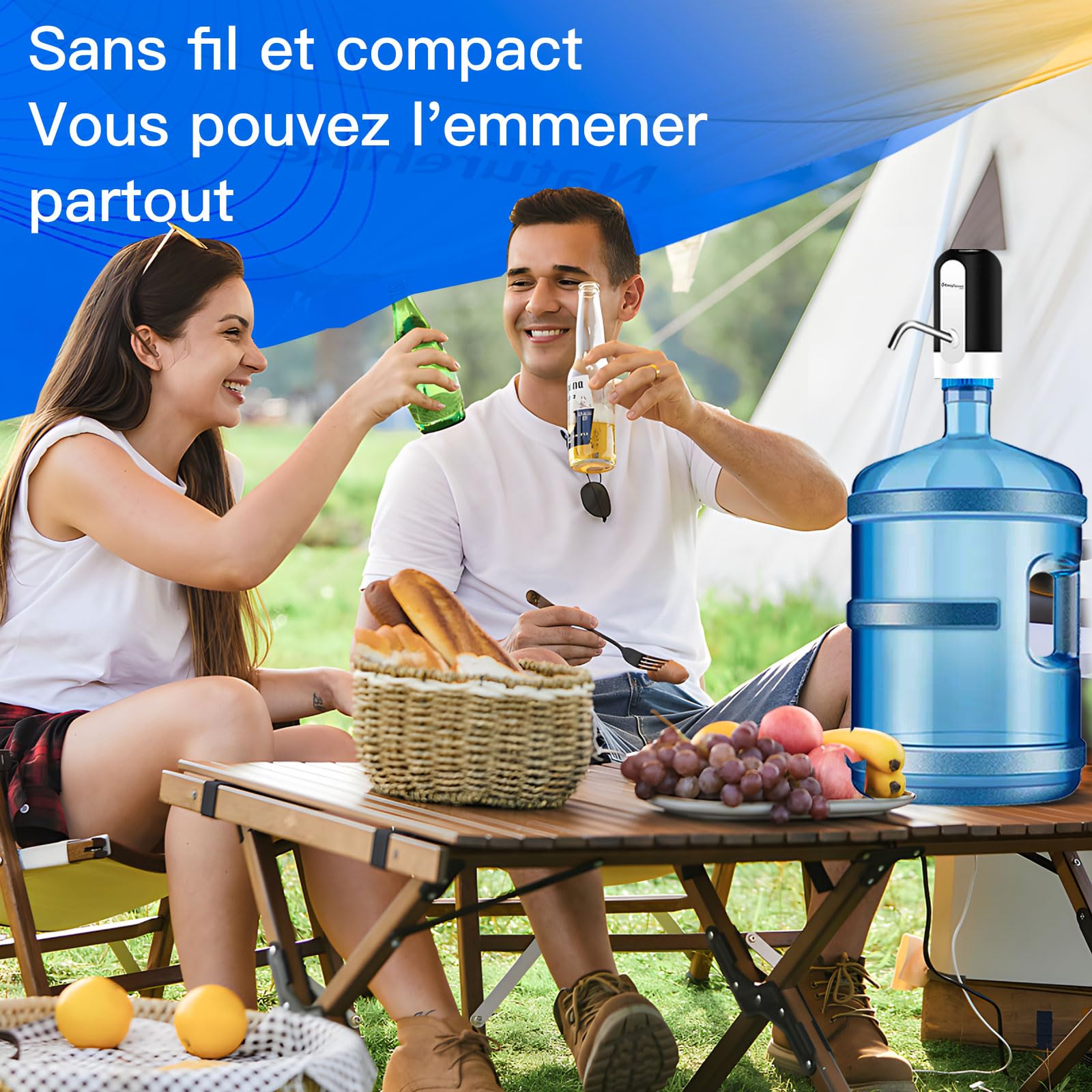 EASYSPEED Distributeur Eau Portable Rechargeable USB avec 2 Adaptateurs pour Camping Maison Bureau