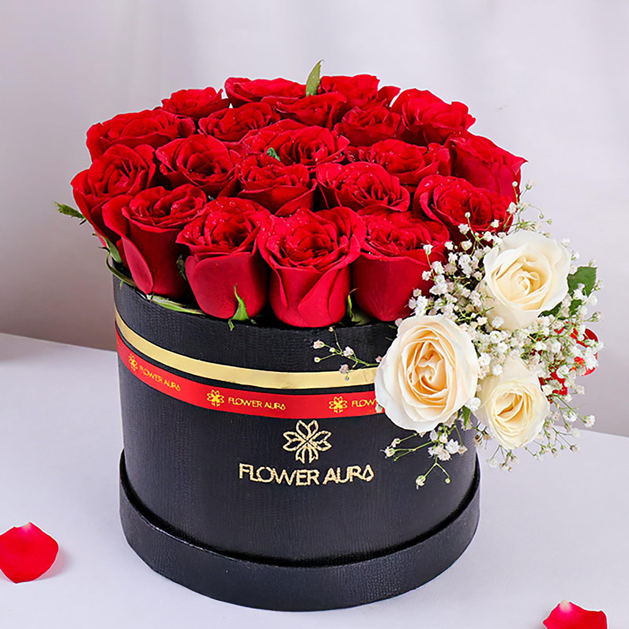 FlowerAura Romantic Fresh Live Flower Bouquet of 23 Red & White Roses In Luxury FA Round Box Gift For Birthday | Anniversary | Love Surprise | Rose Day | Valentine's Day (Same Day Delivery)-image-9
