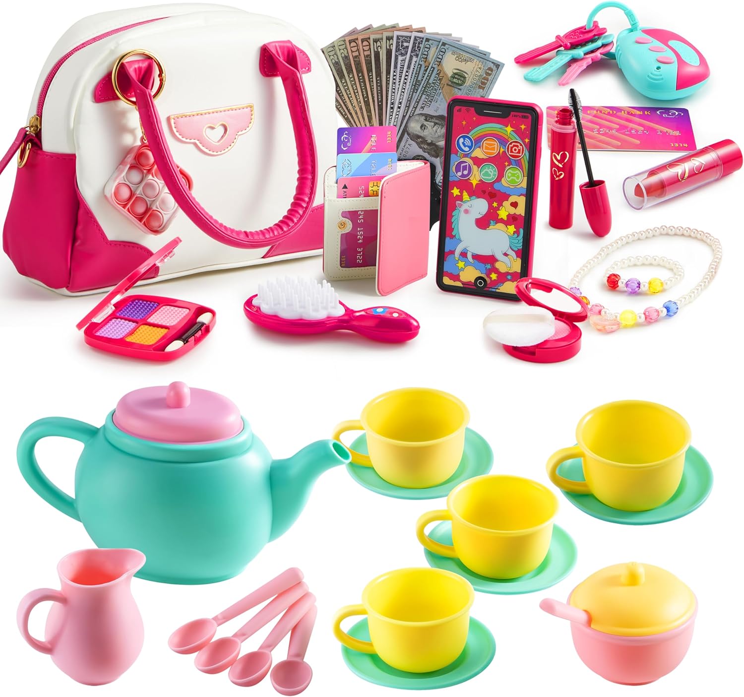 JOYIN 18PCS Tea Party Set and SYNCFUN 27PCS Play Purse Set for Little Girls, Play Food Accessories BPA Free, Phthalates Free, Plastic Tea Set, Princess Toy Set with Handbags