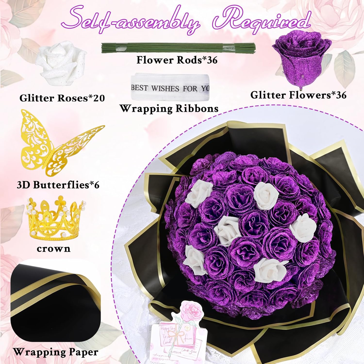 36+20 Glitter Roses Bouquet, DIY Fake Flowers Bouquet, Craft the Initials of Your Loves' Name with Artificial Rose for Valentines, Anniversary, Wedding, Mothers Day Gifts, Purple & White - Image 6