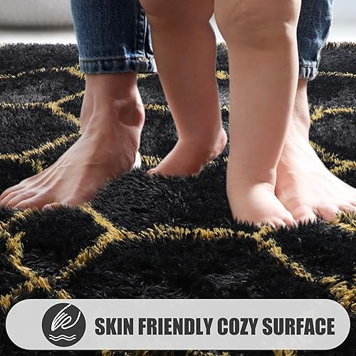 Miniatura 4 de ONASAR Alfombras de 5 x 8 pies para sala de estar, dormitorio, alfombra de área lavable esponjosa negra y dorada, alfombra geométrica bohemia de