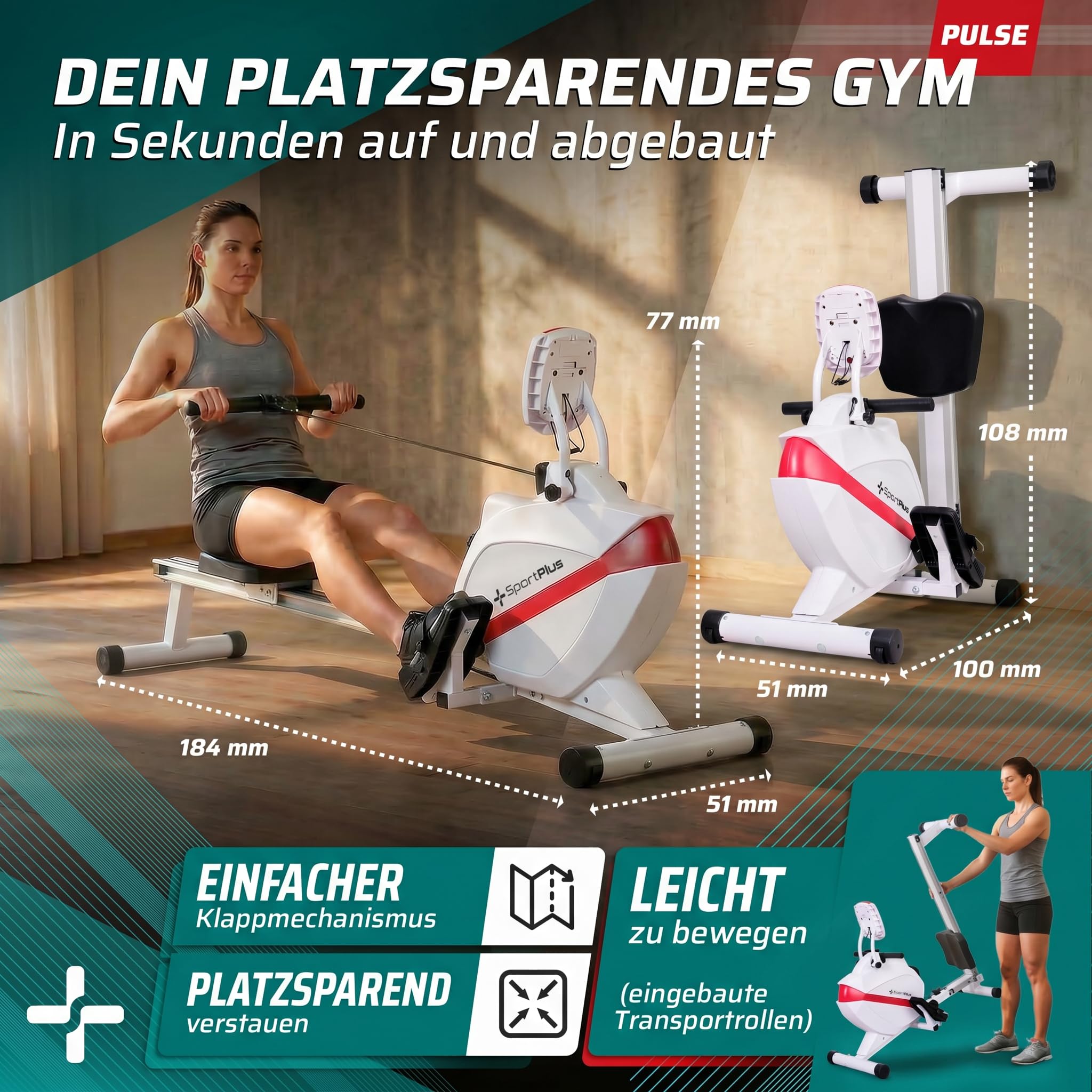 SportPlus Rudergerät für zuhause klappbar - Designed IN Germany - Für Einsteiger & Fortgeschrittene - Rudermaschine Magnetwiederstand Extra Leise, klappbar & platzsparend bis 150kg