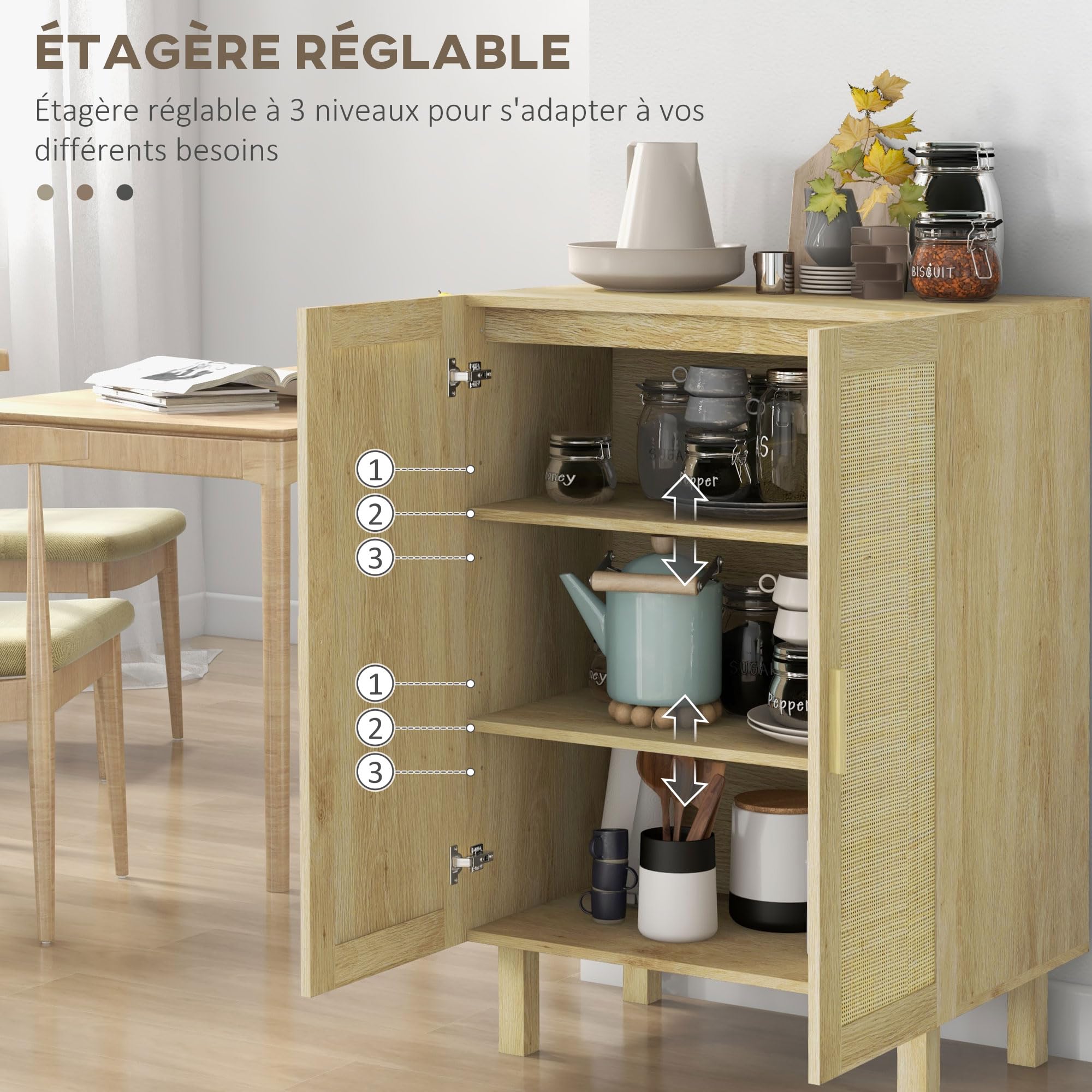 HOMCOM Meuble de Rangement Effet Cannage 73 x 41 x 102 cm Bois Naturel | Buffet Rotin, Placard à Portes, Étagères Réglables, Style Bohème, Armoire de Rangement, Salon Cuisine Chambre