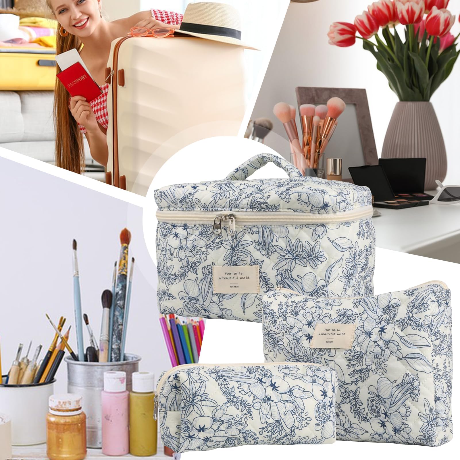 Trousse de toilette – Organiseur de voyage pour cosmétiques, pochette florale en coton pour un emballage facile, essentiels de voyage esthétiques, parfaite pour le maquillage et les articles de