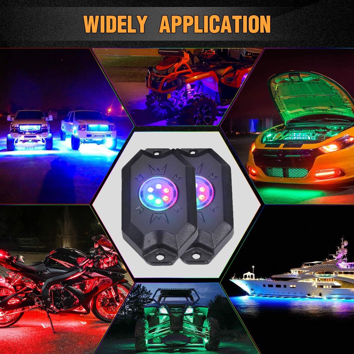 RGB Led Rock Lights Kits - 4 Pod Lights with Blue-Tooth Controller, Timing Function, Music Mode Waterproof LED Neon Underglow Light Compatible with Jeep Off Road Truck SUV ATV : Everything Else