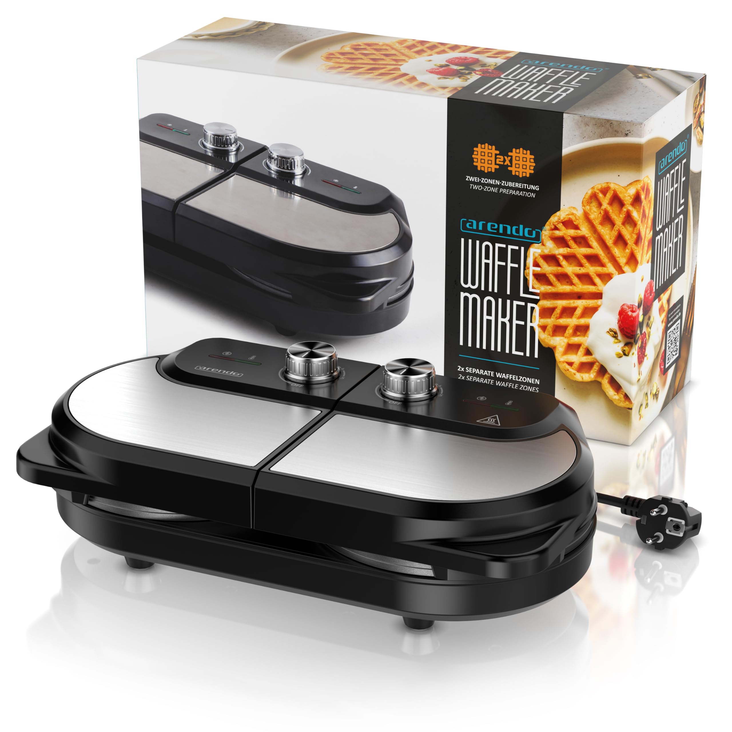 Arendo - Waffeleisen doppelt - Herzform - 2 Zonen - Temperaturregler - Antihaftbeschichtung – 1400 W - Edelstahl - silber/schwarz - BPA frei