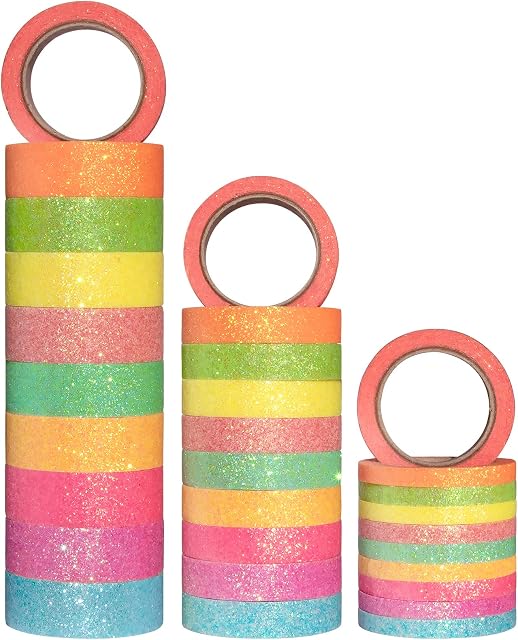 30 Rolls Washi Tape Set - Glitter Decorative Masking Tape, Adhesive Paper Tape for Gift wrapping, Diy Crafts, Scrapbooking Supplies, Bullet Journal