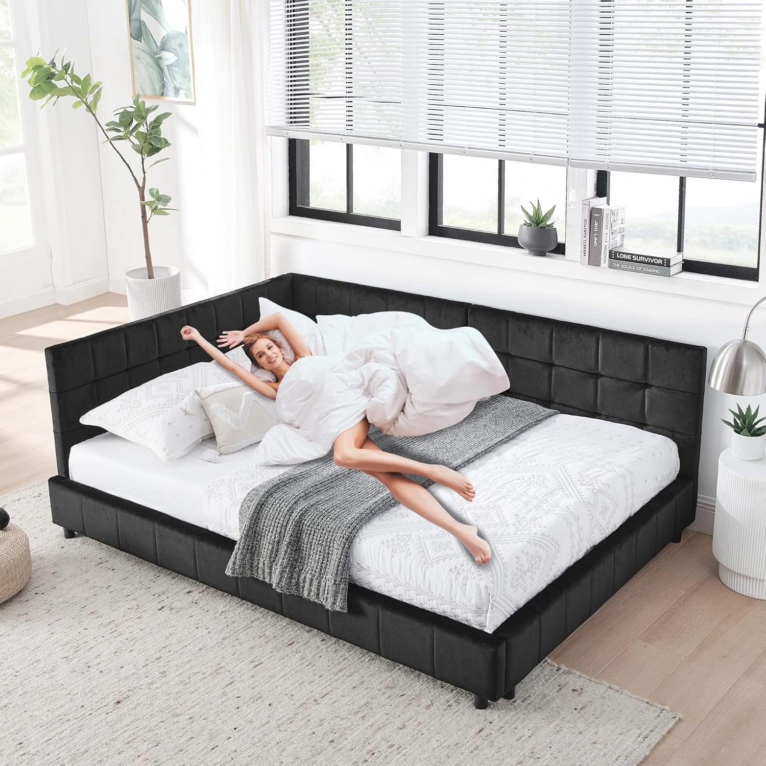 Full Size Corner Bed Frame, Velvet Upholstered L Shaped Daybed, Modern Tufted Daybed with Backrest & Armrests, Floor Platform Bed for Kids Teens Guests, No Box Spring Needed, Black