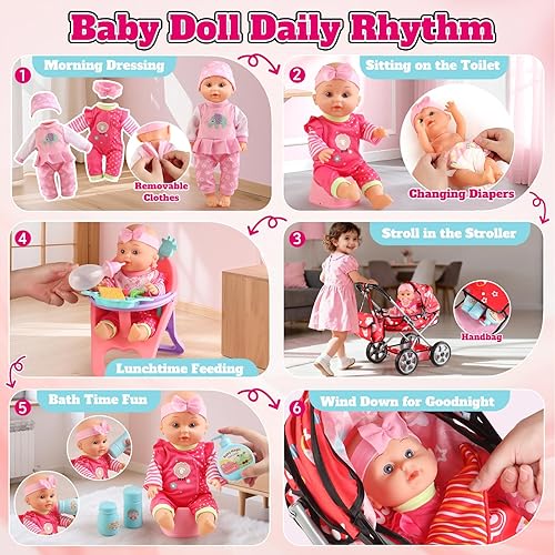 Miniatura 3 de Juego de cochecito de muñeca de bebé para niñas pequeñas de 3 a 5 años, una muñeca de 12.5 pulgadas con accesorios de muñeca de bebé, almohada,