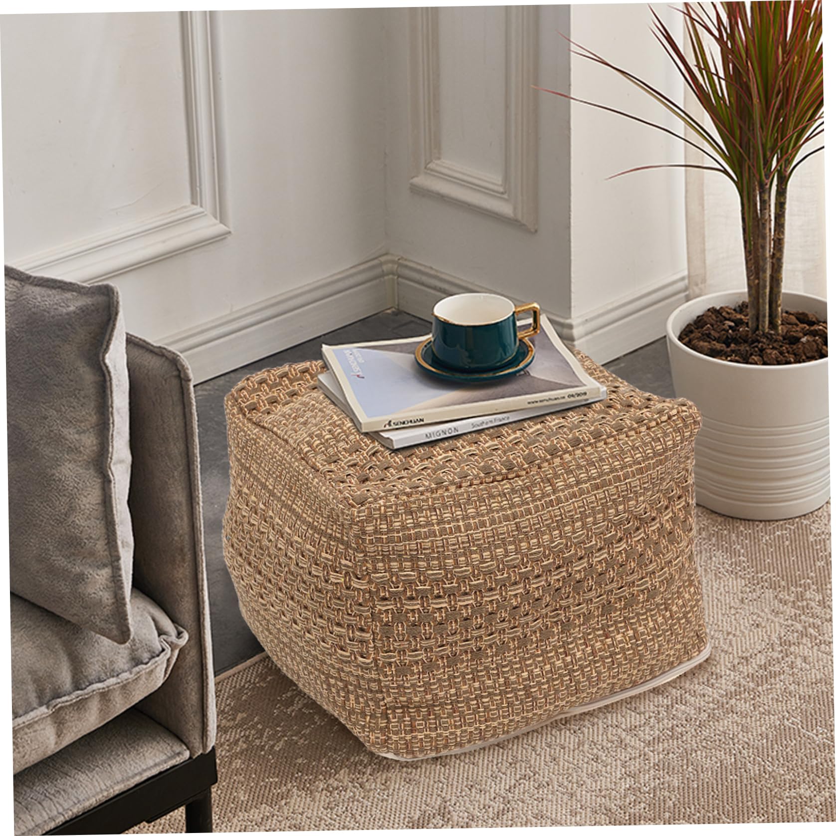 Pouf-Bezug,43,2 x 43,2 x 33 cm,ungepolsterter Pouf-Ottomane-Bezug für Wohnzimmer,quadratischer Boho-Pouf-Bezug, ungepolstert,aus Baumwolle gewebter(Kern nicht im Lieferumfang enthalten)