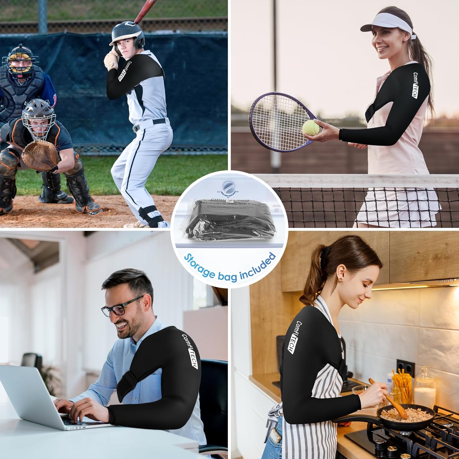 ComfiTECH Shoulder Arm Ice Pack Wrap for Pitchers, Ice Arm Sleeve for Volleyball Player, Athlete, Flexible Cold Application for Throwing Recovery, Elbow Joint and Muscle Relaxation & Daily Use, Medium