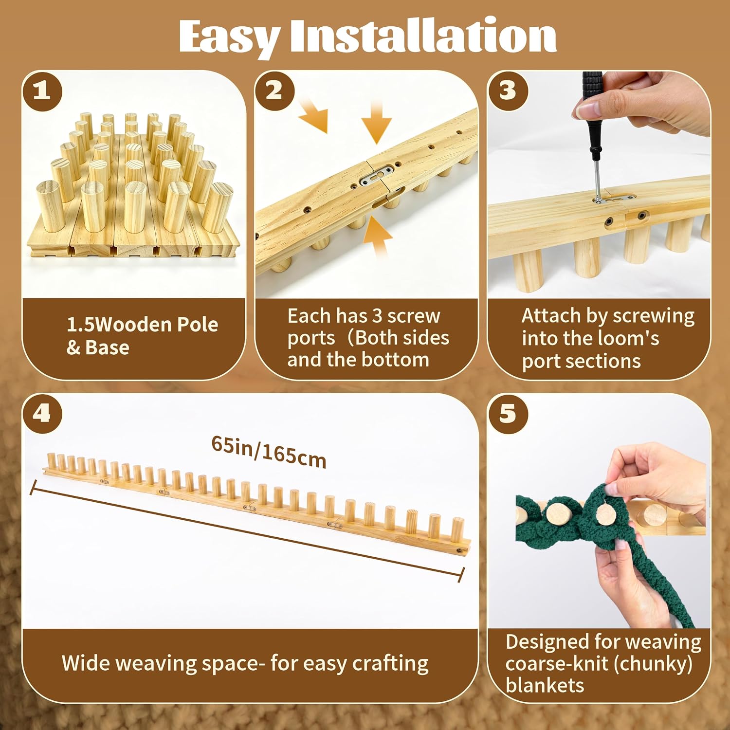 SGIBYN Chunky Knitting Loom 65" - 5-in-1 Adjustable Wooden Blanket Loom
