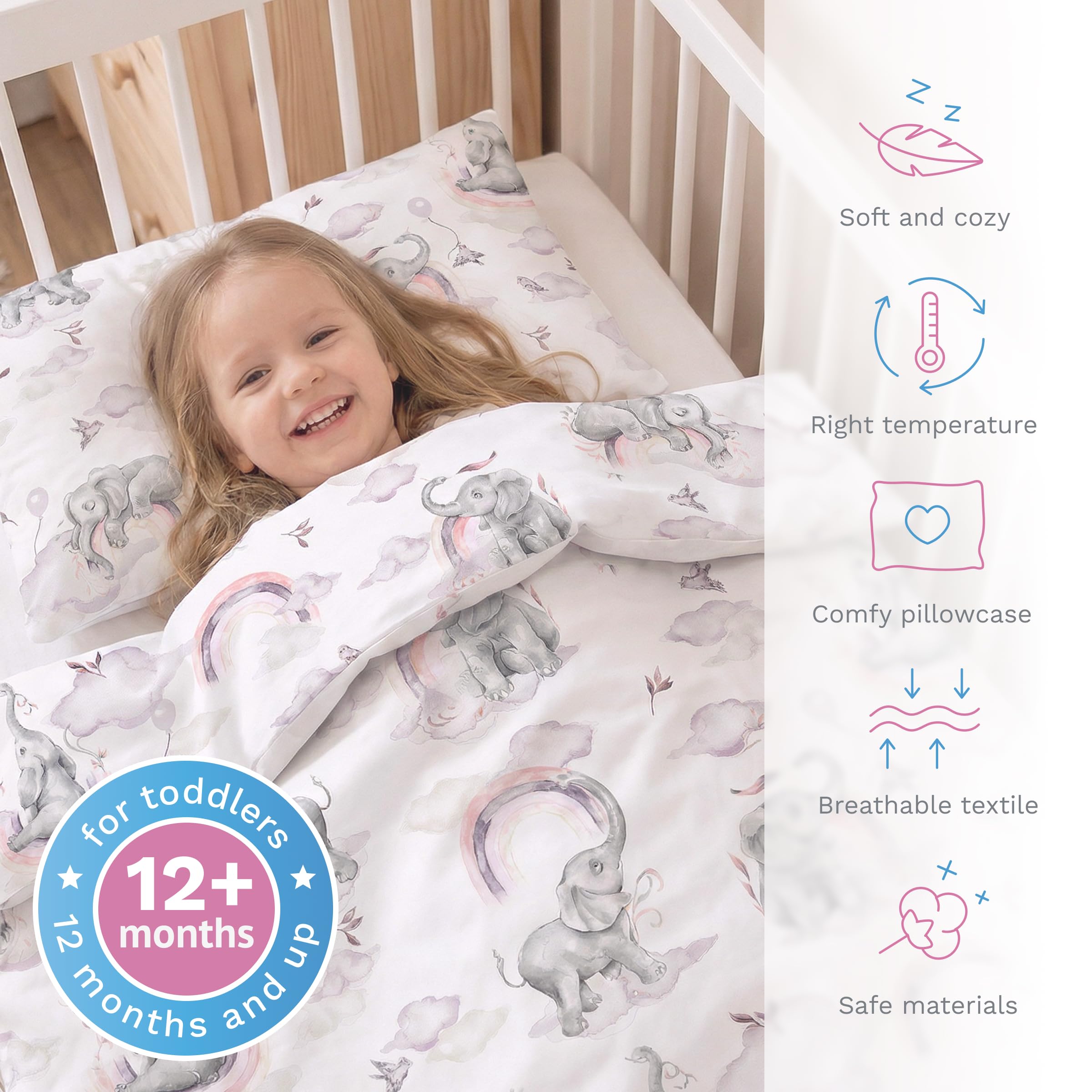 2 Piece Baby Kids Bedding Set 120x90 cm Duvet Cover & Pillowcase for Toddler Cot 12M+ (Pink Elephants), 38, Single (120x90 cm) - Image 2