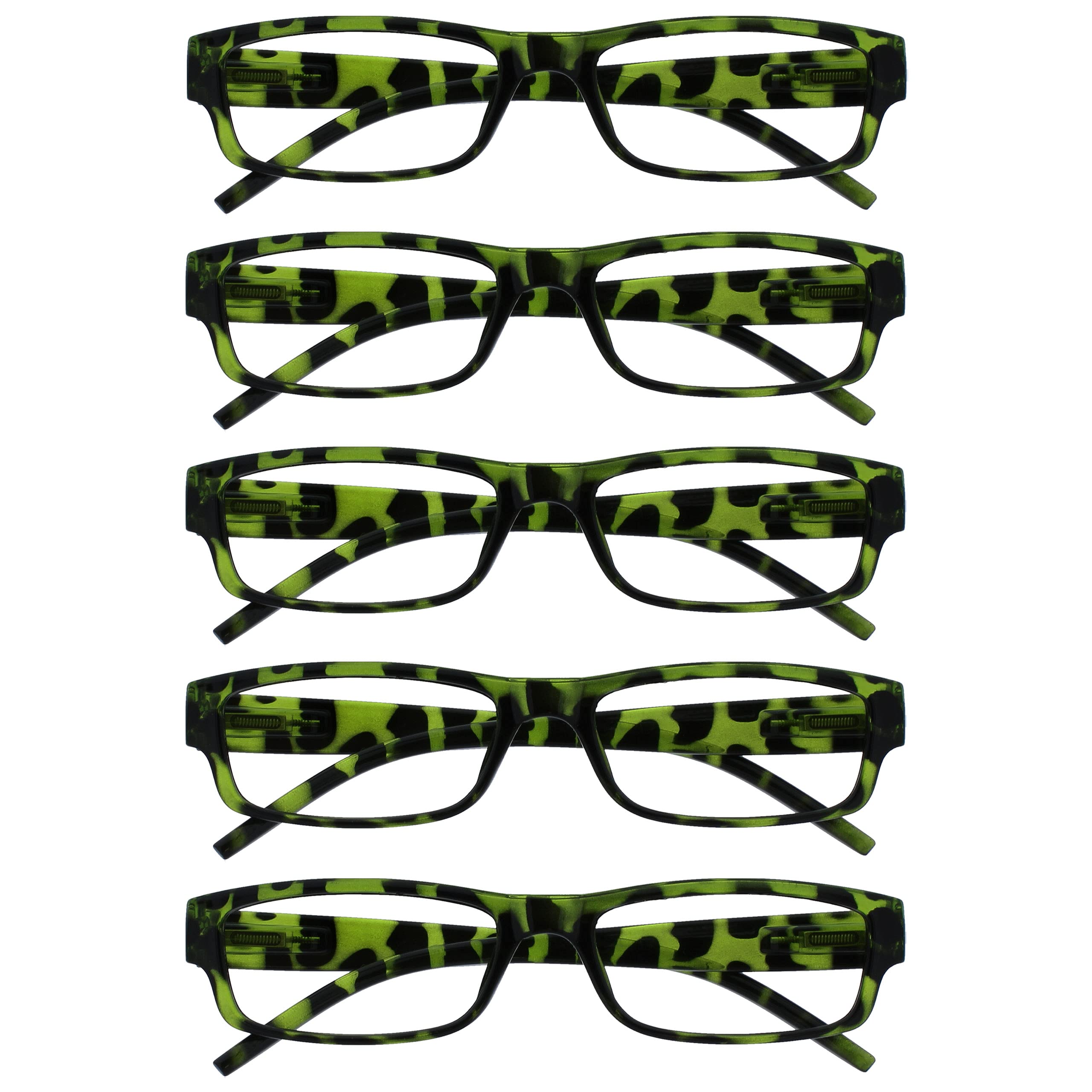 OPULIZE ACE Reading Glasses for Women Men, Lightweight Comfortable Narrow Rectangular Frame with Spring Hinges, Scratch Resistant, Green +2.5 (Pack of 5)
