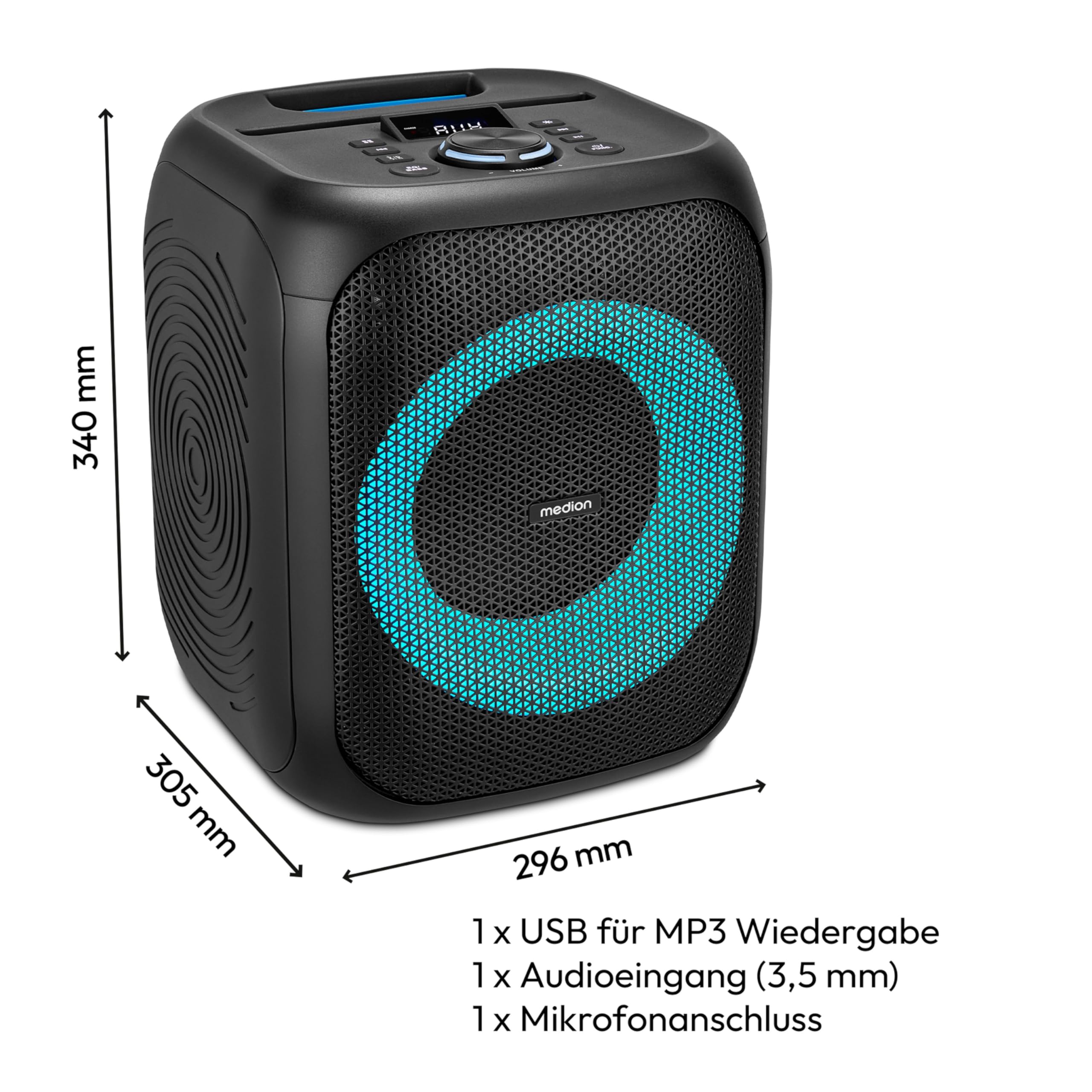 MEDION S61991 Partylautsprecher mit Bluetooth (Partysoundsystem inklusive Mikrofon, Party Box, tragbares Soundsystem, integrierter Akku, für drinnen und draußen, Lichteffekte, TWS)